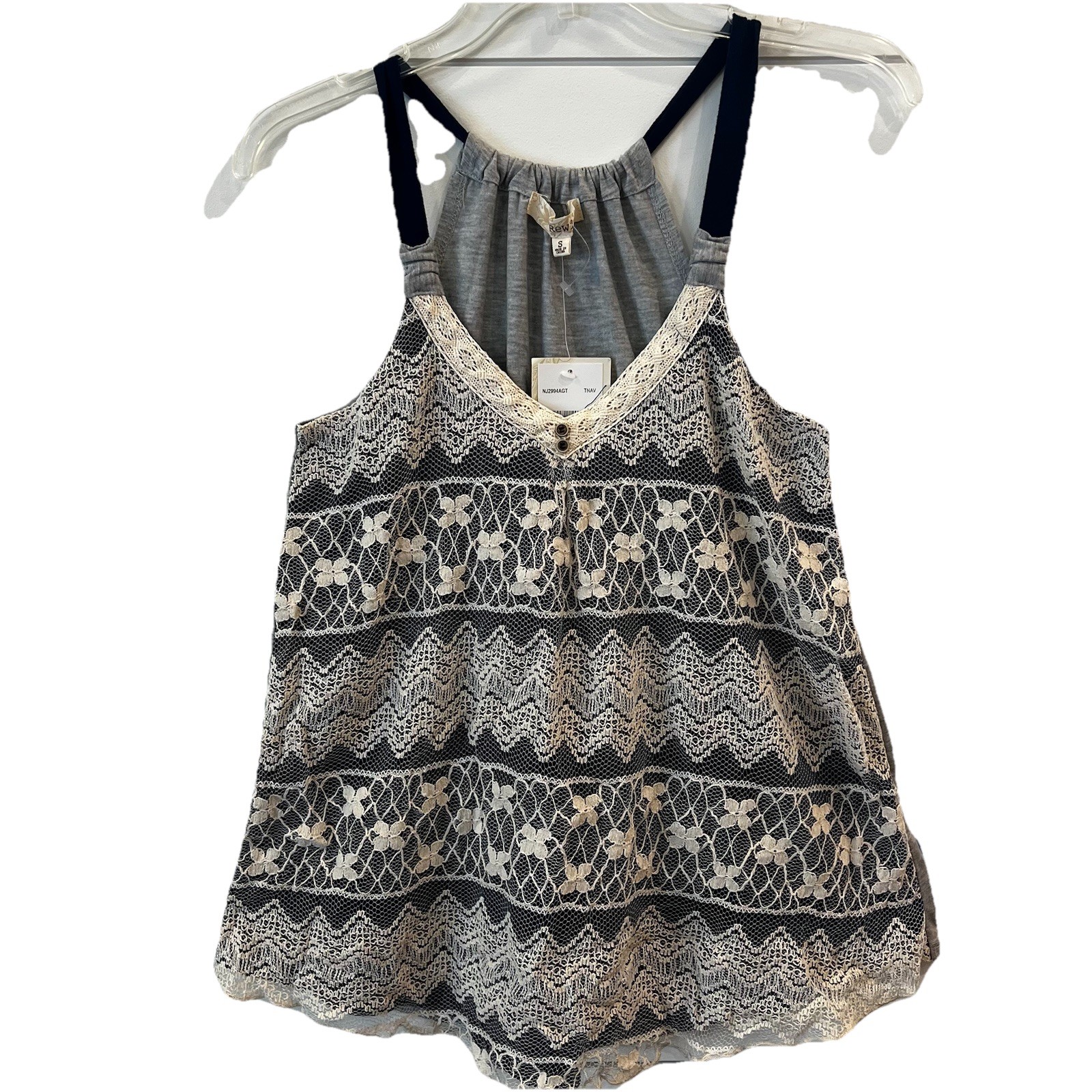 NEW REWIND Woman’s Small Tank Crochet Lace Overlay Lined Ivory Navy $28 Y2K