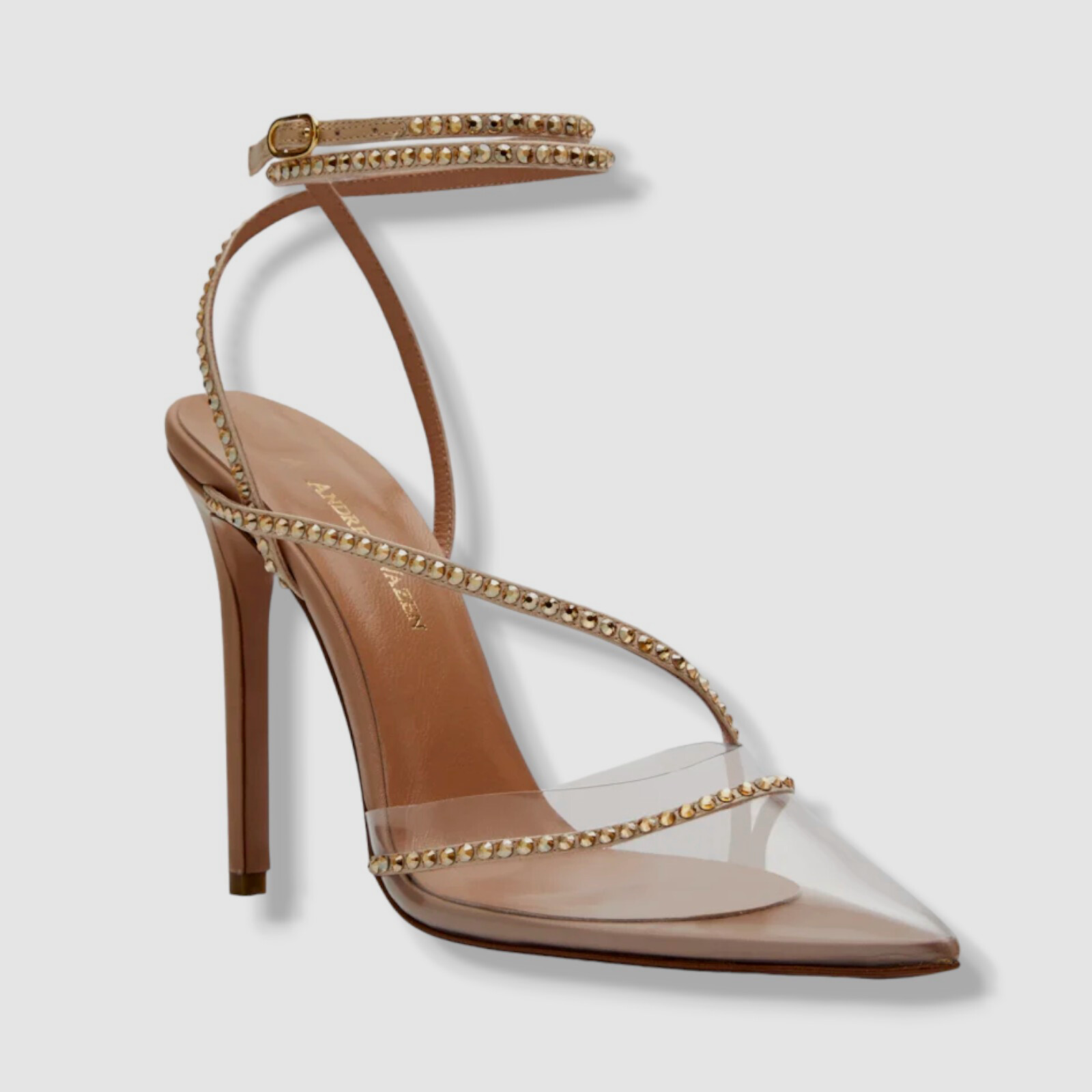 $695 Andrea Wazen Women’s Beige Dassy Sunset PVC Ankle Wrap Pump Heels Shoes 41