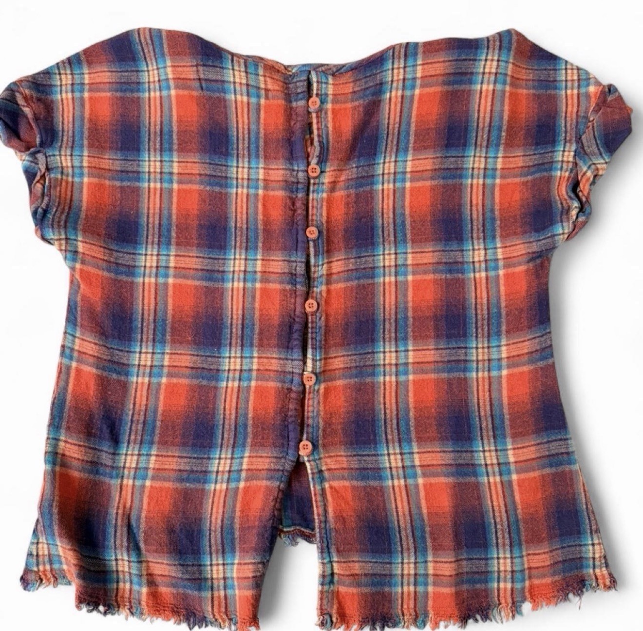 Cloth & Stone Red Blue Plaid Button Back Fringe Raw Hem Blouse Women S