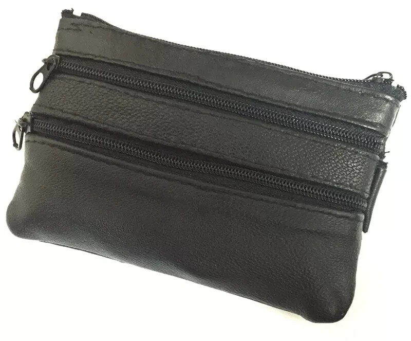 Black Genuine Leather Small Coin Holder Change Purse Zipper Key Card Wallet