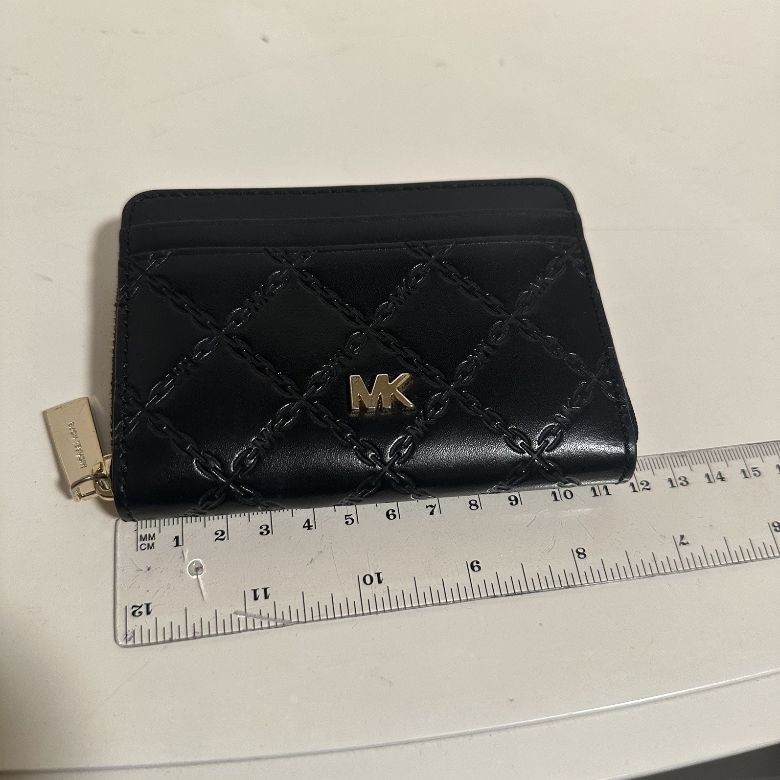 MICHAEL KORS MK MONEY PIECES ZA Black Embossed Chain COIN CARD CASE LEATHER