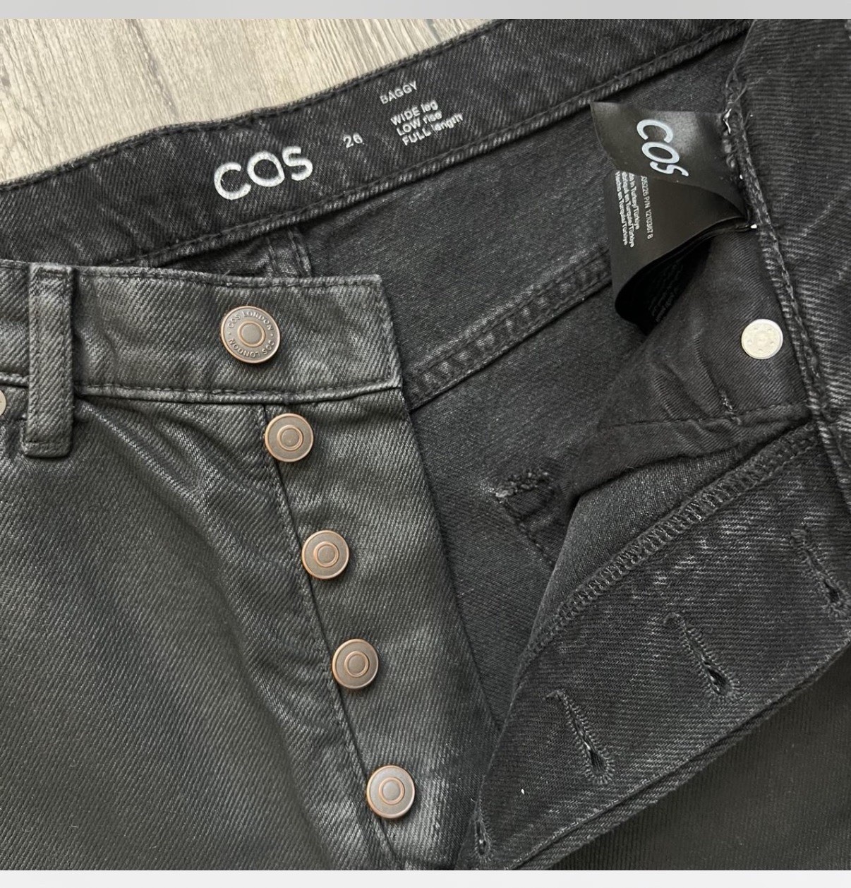 COS Women’s Black Dark Wash Low-Rise Wide-Leg Button Fly 5-Pocket Jeans 28