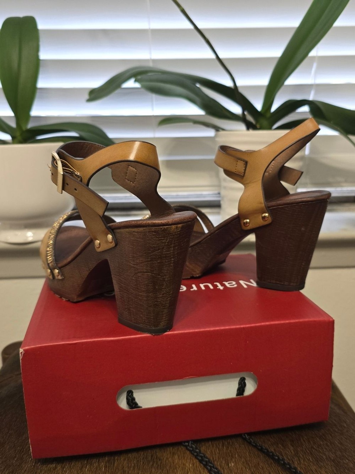 Nature Breeze Tan Platform Heeled Sandals with Gold Accents