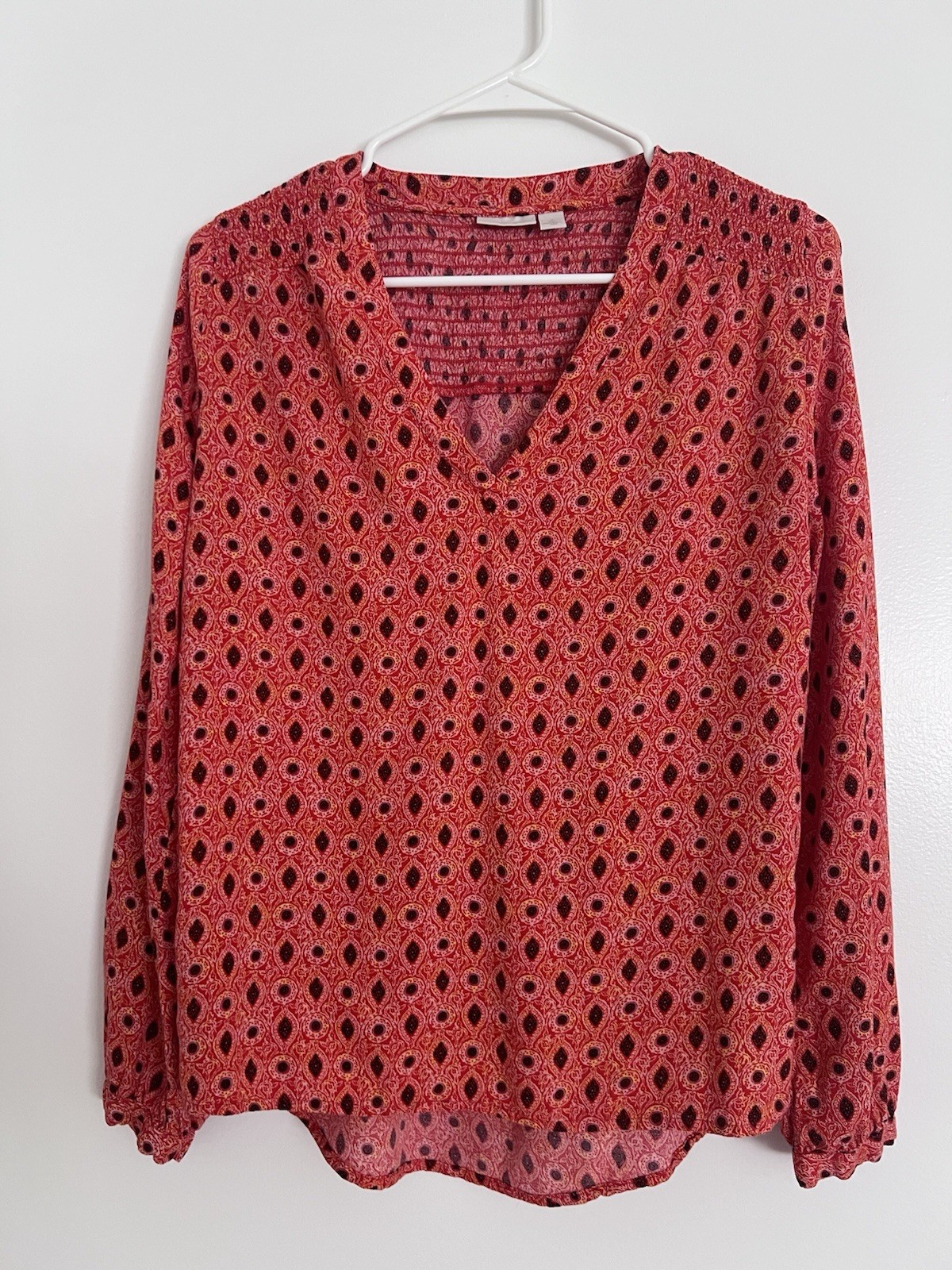Hinge Womens Orange Peasant Boho Blouse Top Size Small Smocked Back