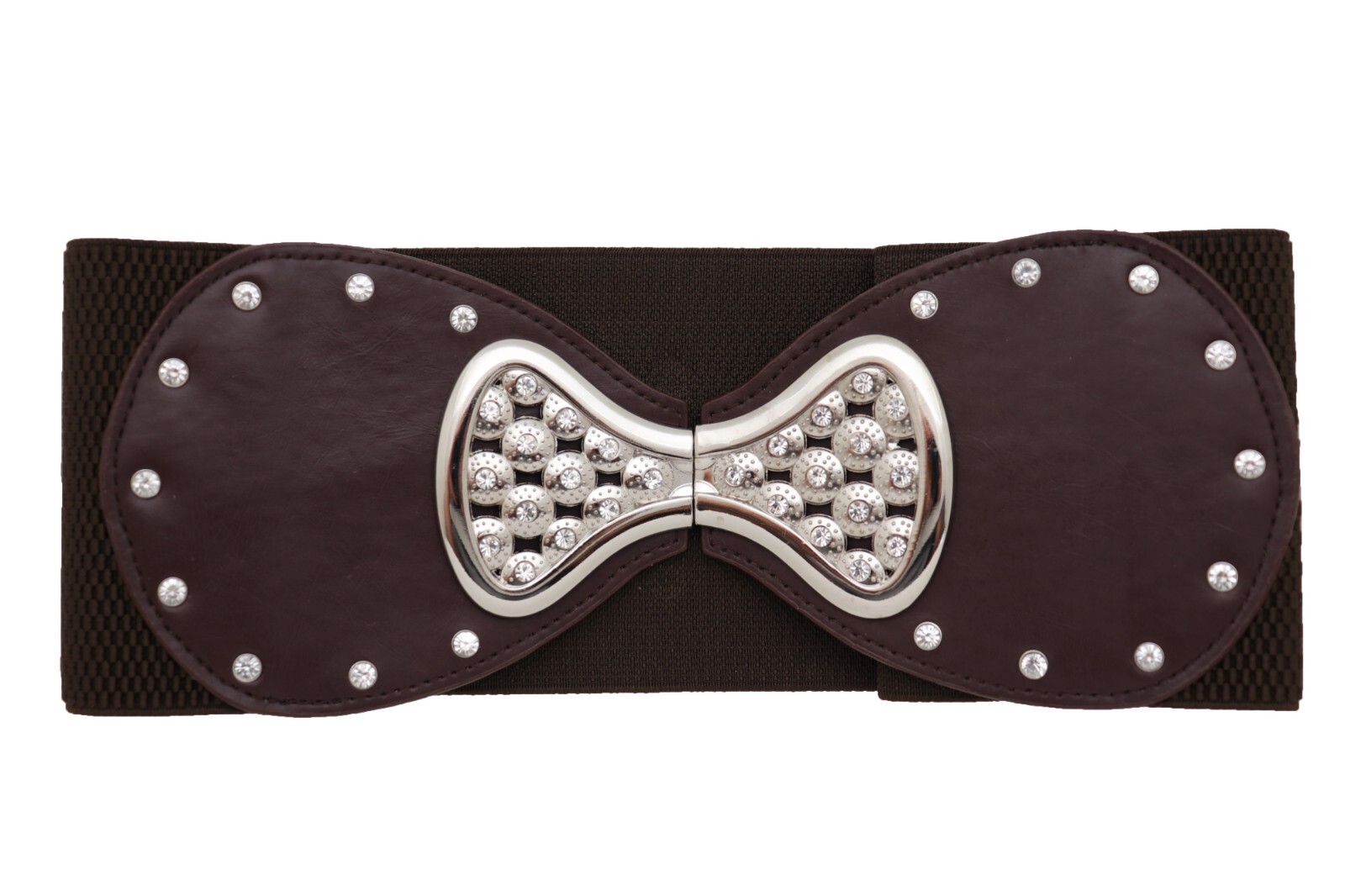 Women Dark Brown Wide Elastic Gift Present Belt Silver Metal Bow Tie Buckle S M