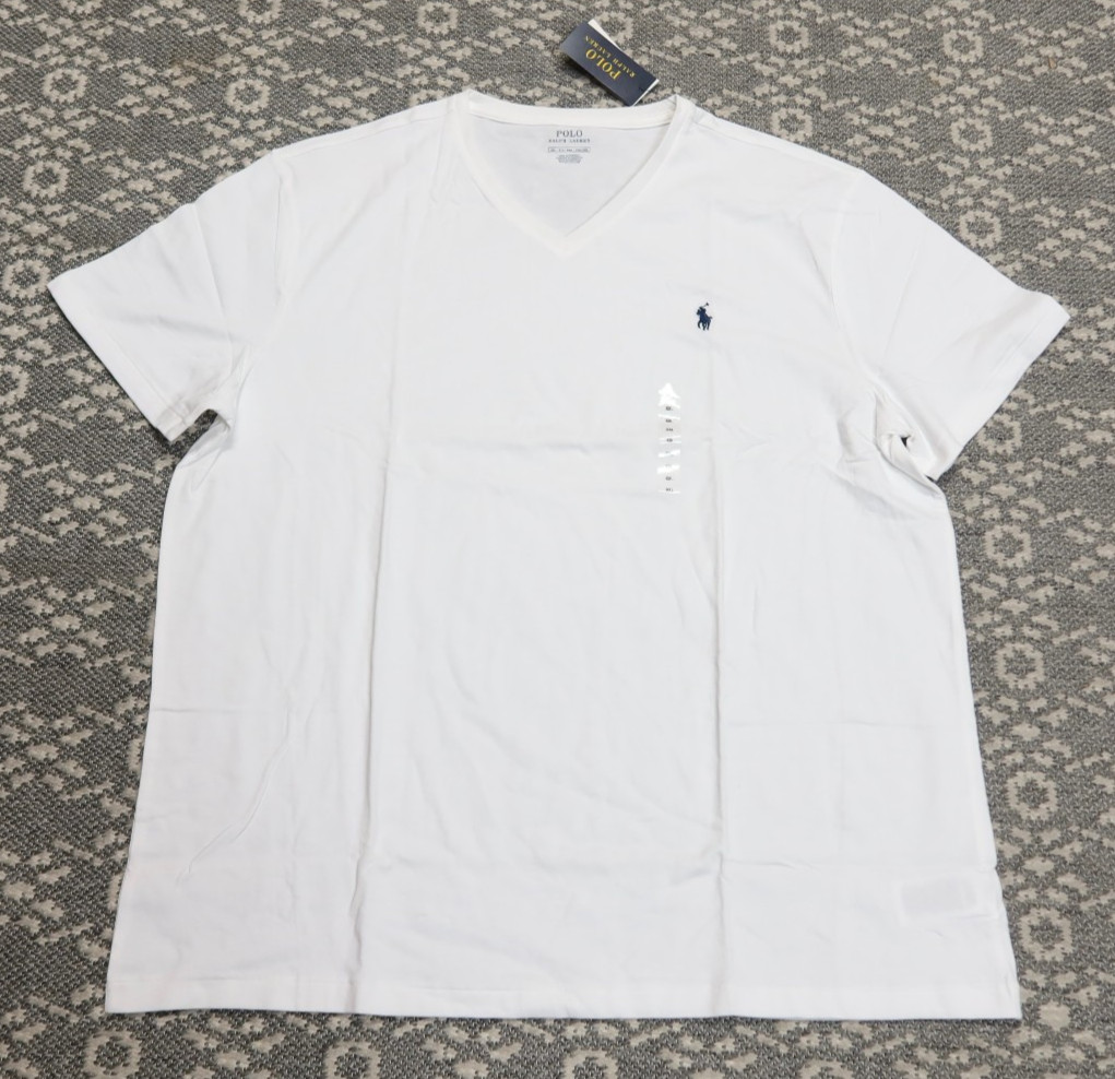 New Polo Ralph Lauren Men’s V-Neck T-Shirt Tee – Size XXL – White with Navy Logo