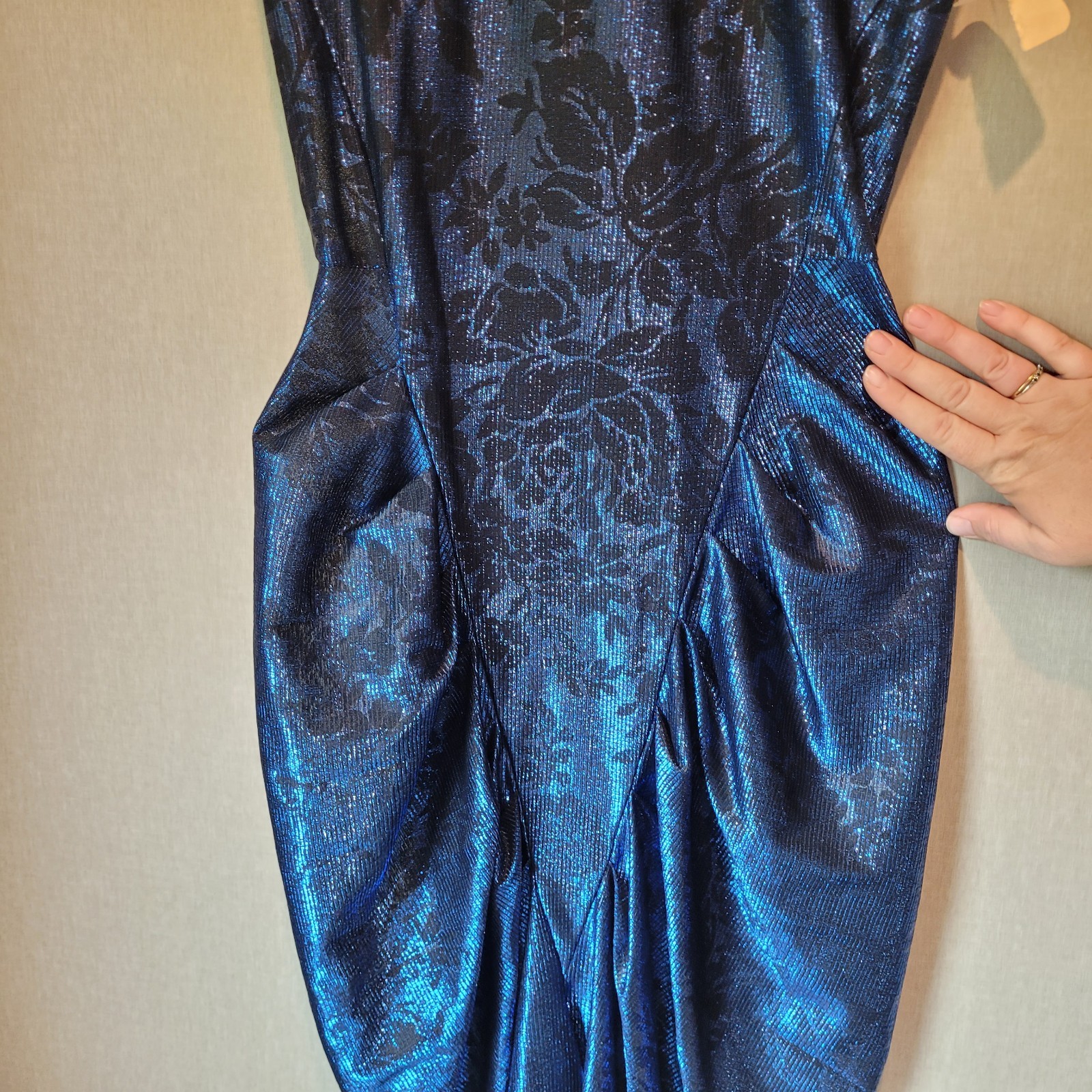 NWT VTG 80s Wayne Diamond Metallic Blue Mock Neck Tulip Midi Dress 5/6