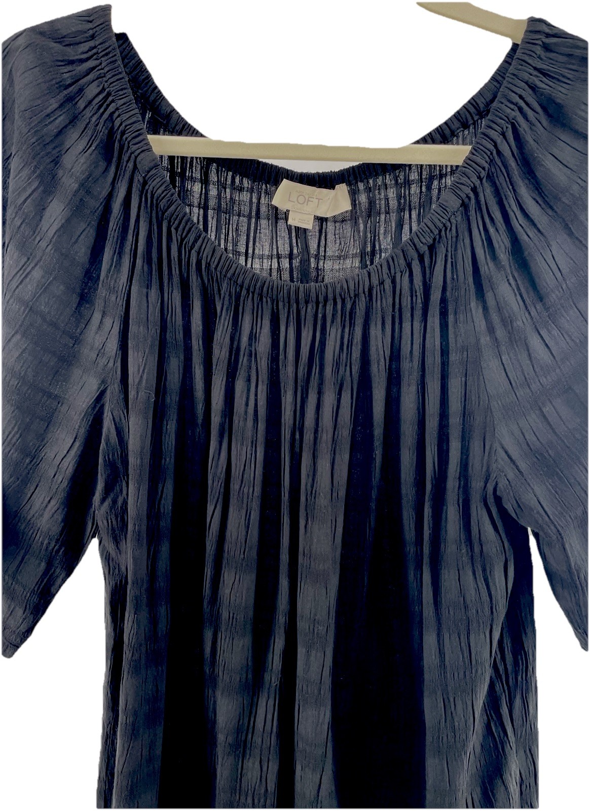 LOFT Black Boho Peasant Top Medium Textured Rayon Cottagecore Flutter Sleeve