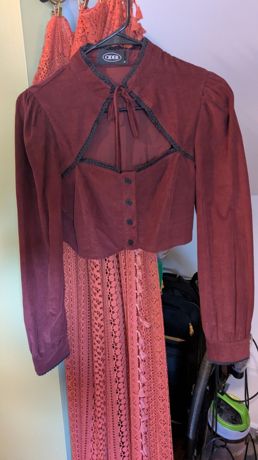 Cider Burgundy Corduroy Cropped Blouse High Neck Long Puff Sleeve Button