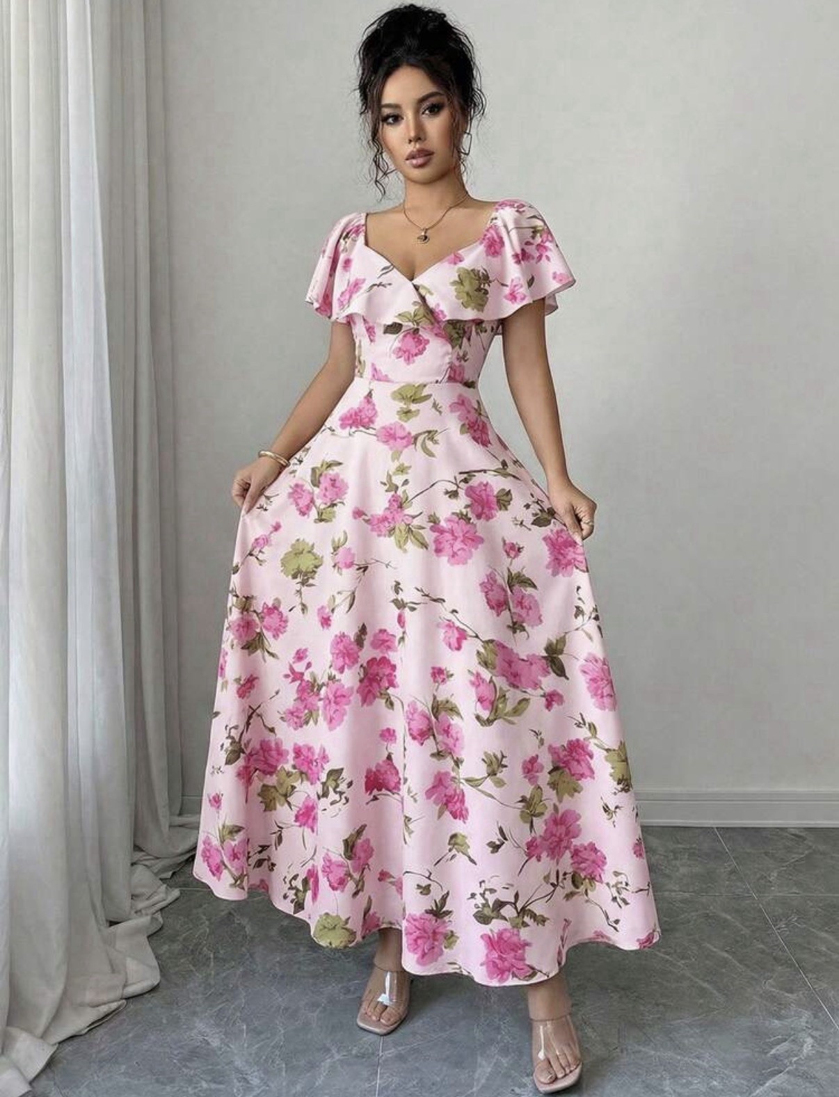 Brand New Floaty Ruffle Ditsy Flower Dusty Pink Maxi Dress Wedding Summer 14