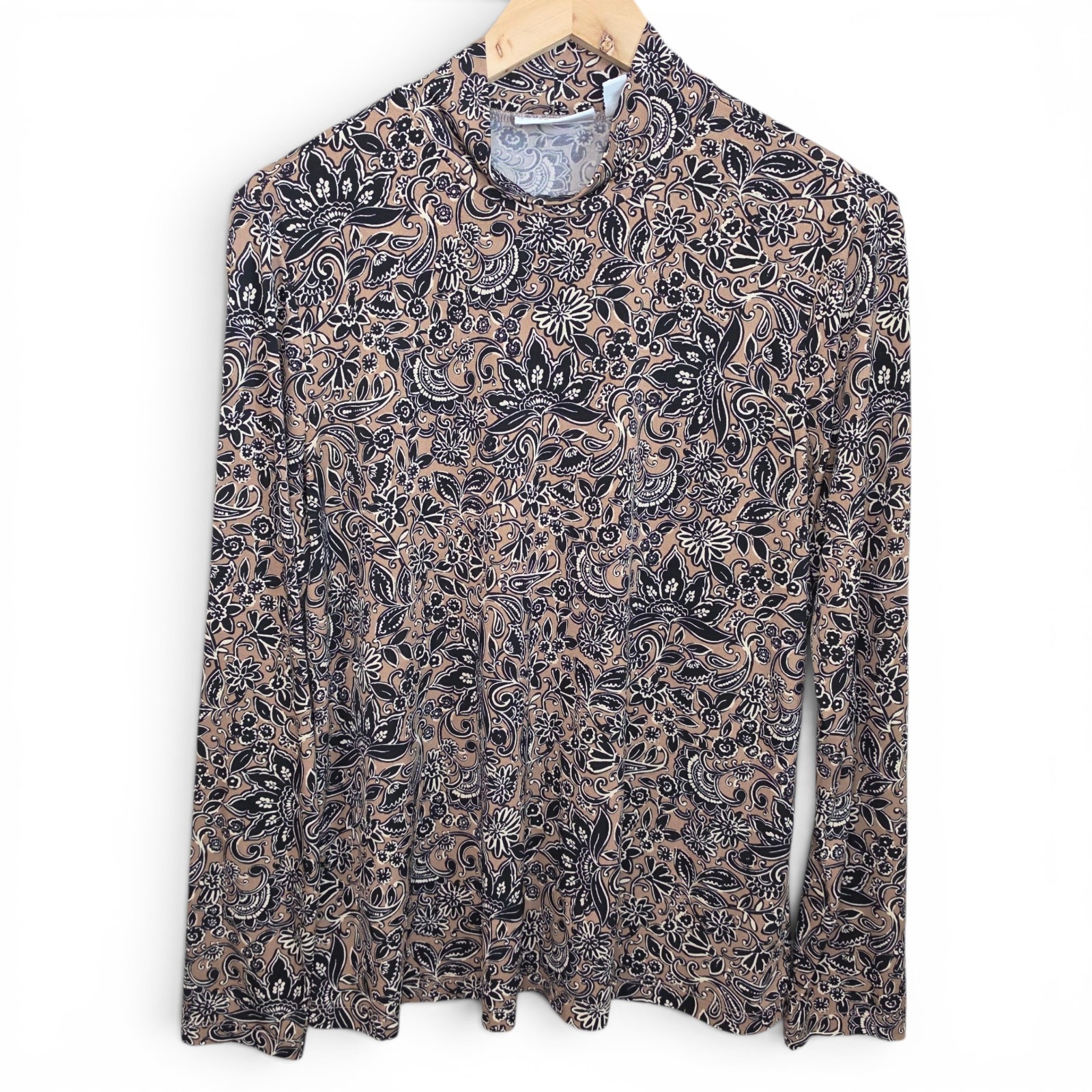 Susan Graver Top Womens Medium Taupe Liquid Knit Mock Neck Blouse Casual