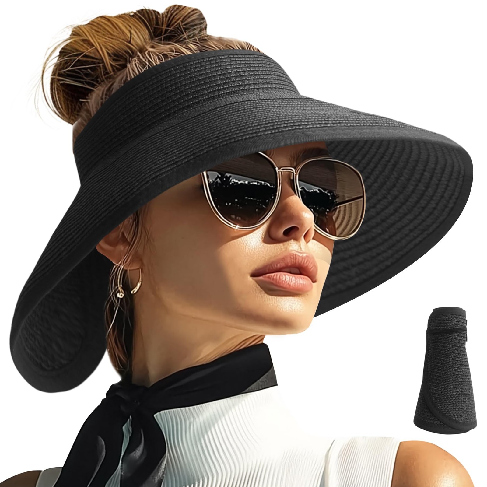 PFFY Sun Visors Hats for Women Wide Brim Straw Visor Packable Foldable Ponyta…