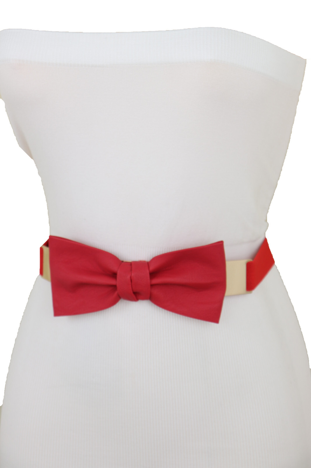 Women Belt Gold Plate Stretch Red Color Faux Leather Strap Bow Tie Ribbon S M