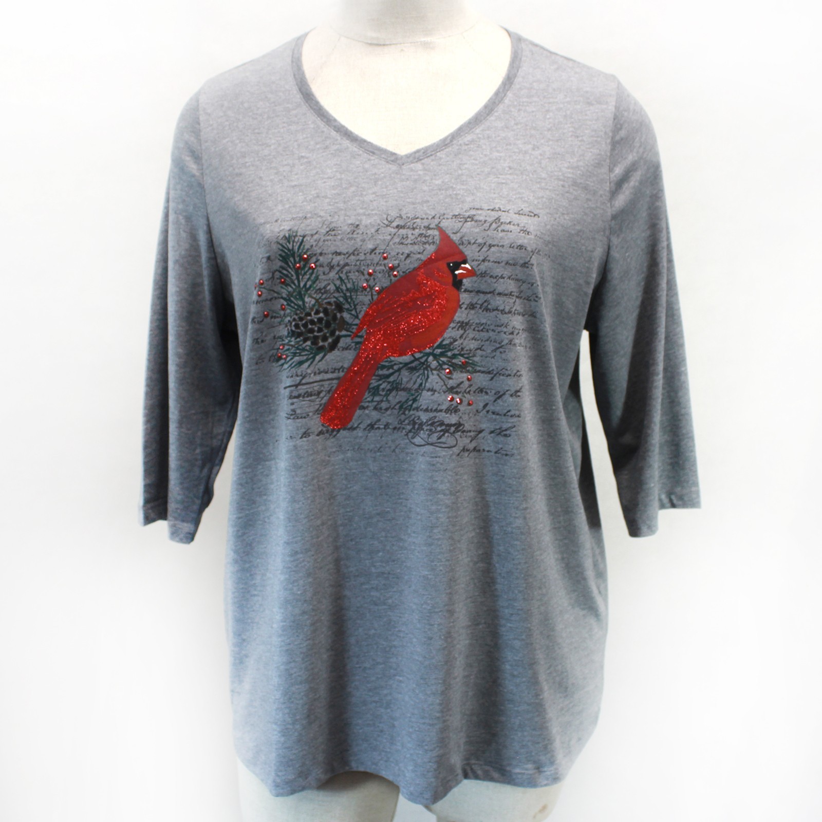 Catherines Plus Gray Cotton Glitter Bird Christmas Top Blouse 3X 26/28W