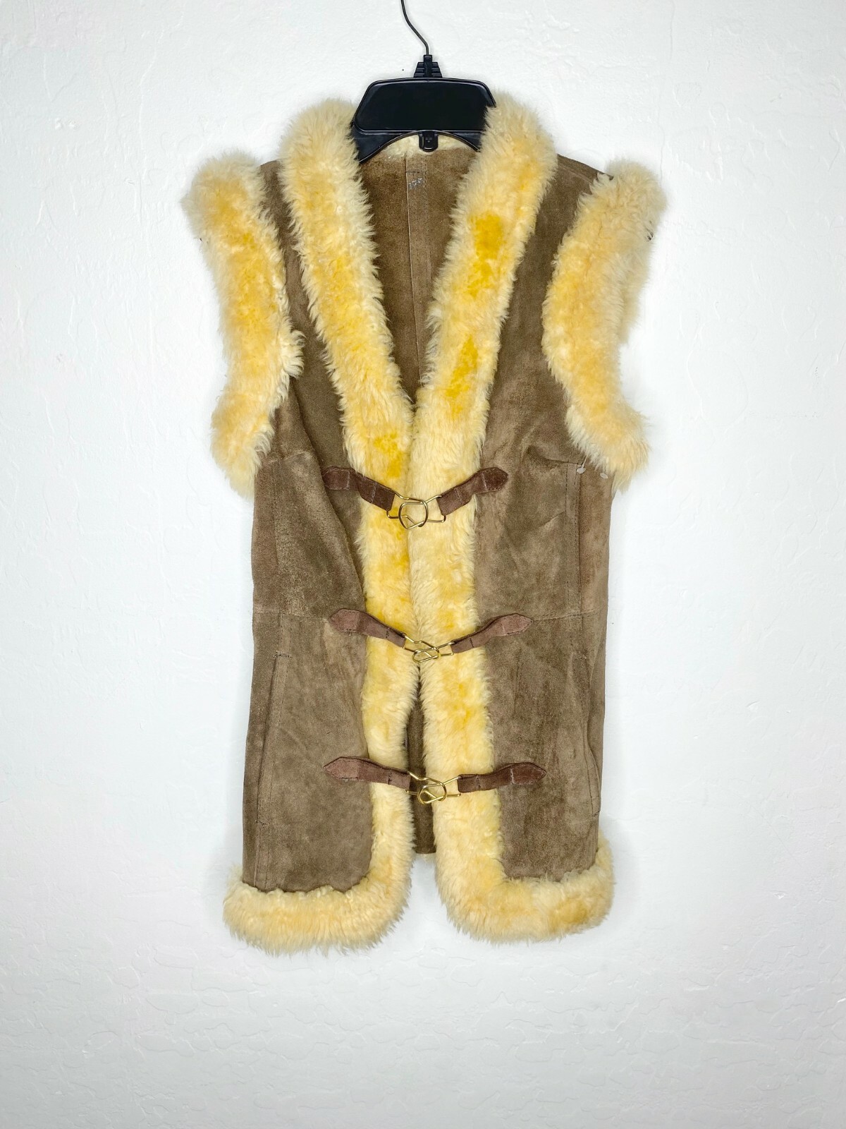 Nordstrom Suede Leather Fur Trim Buckle Jacket Sleeveless Vest w/ Pocket S = 2/4