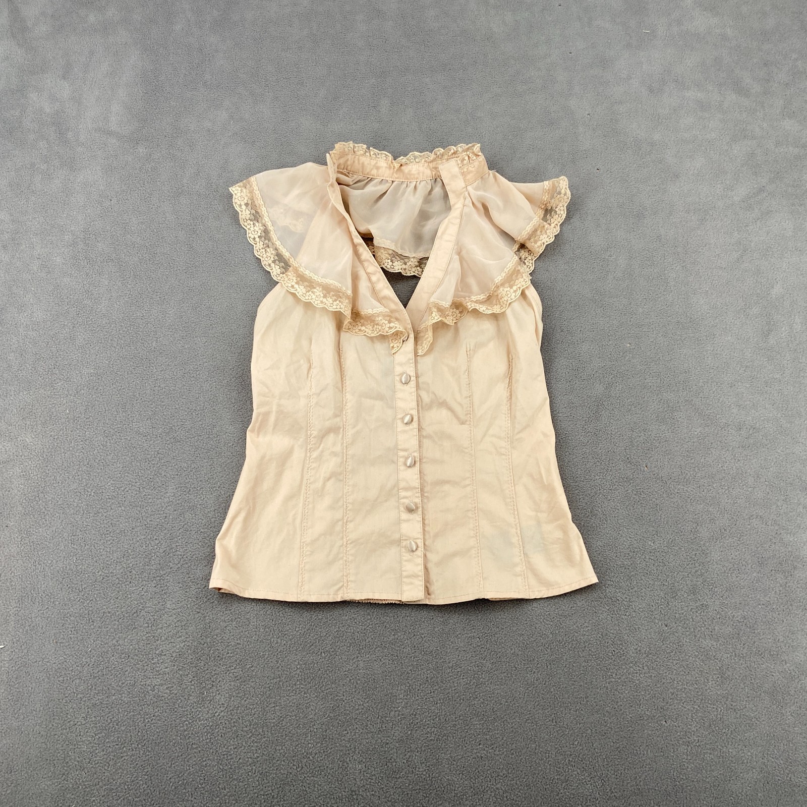 Y2K 2B Bebe Blouse Top Womens XS Beige Keyhole Back Ruffle V Neck Smocked