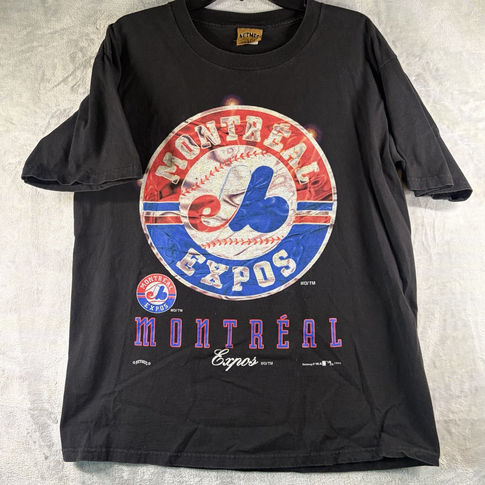 Vintage 1993 Montreal Expos Nutmeg MLB Graphic Tee Mens L Black Defunct