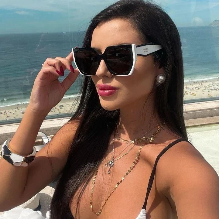 Prada PR 15WS Oversize Square Sunglasses Women Black White Frame UV400 Authentic