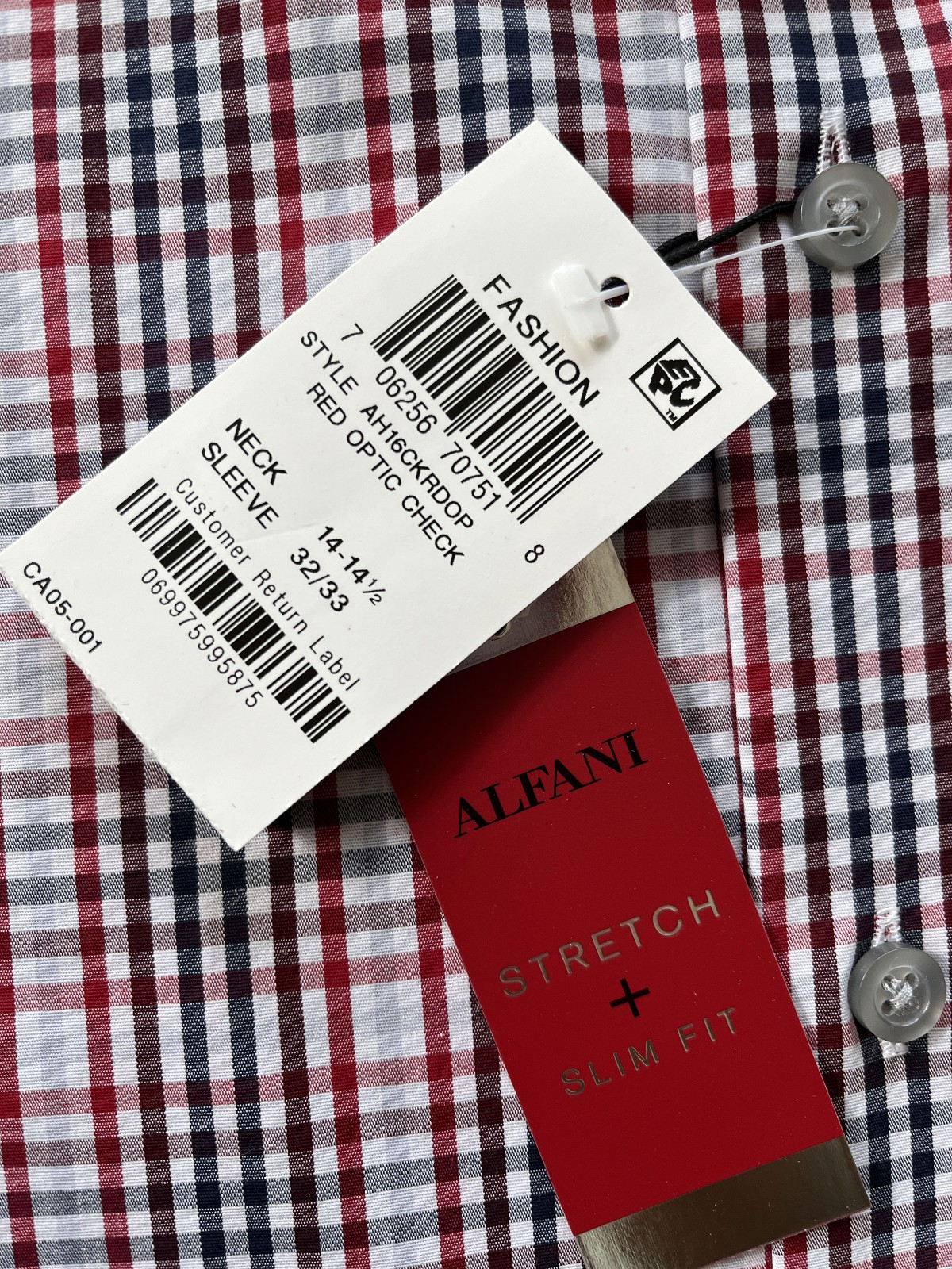 Alfani Men’s Slim-Fit Stretch Red Berry Black Checkered Dress / Shirt