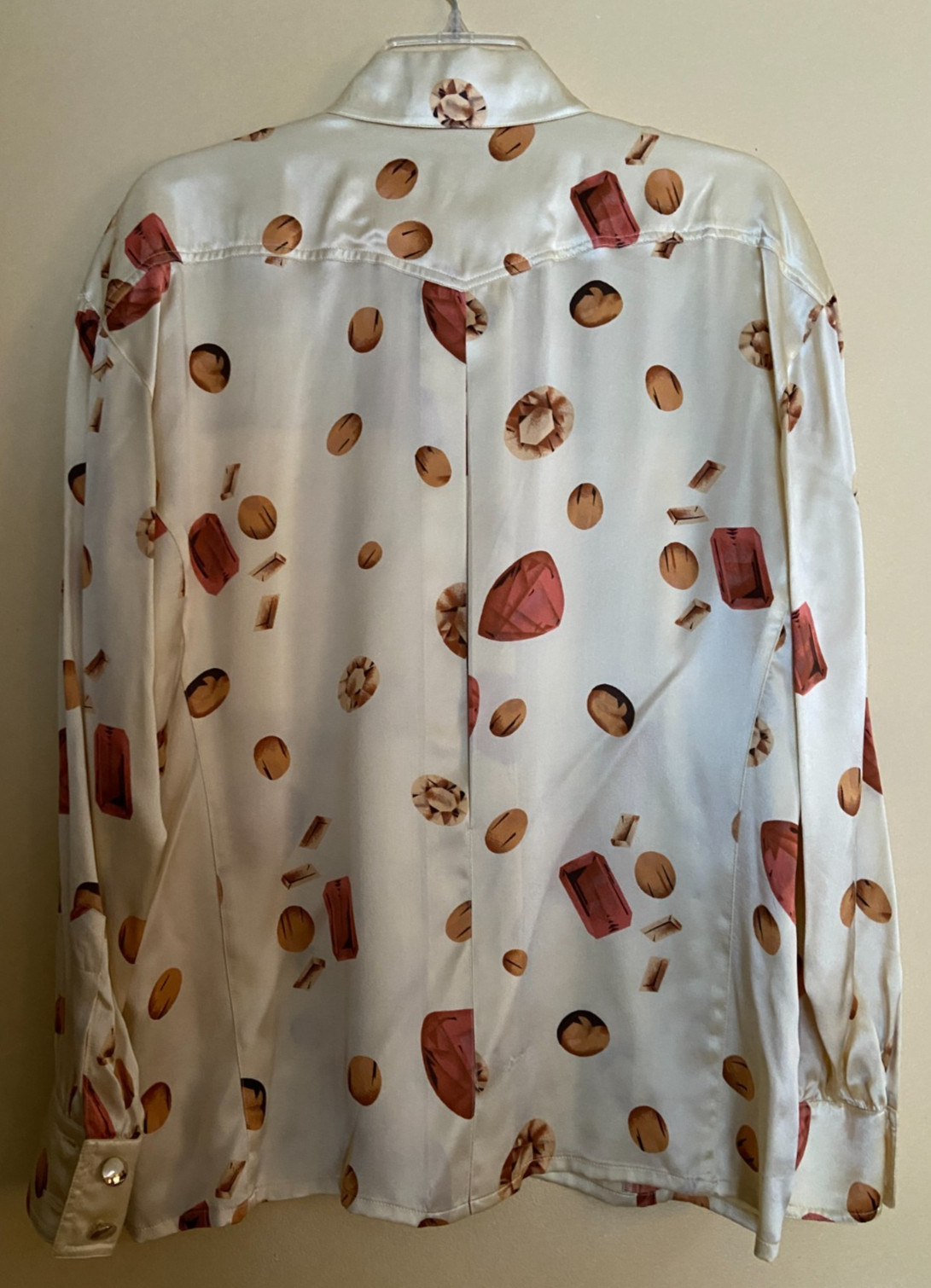 ESCADA SILK BLOUSE IN CREAM GEMSTONE PRINT PLEATED SLEEVE 40 RUNS L WEST GERMANY
