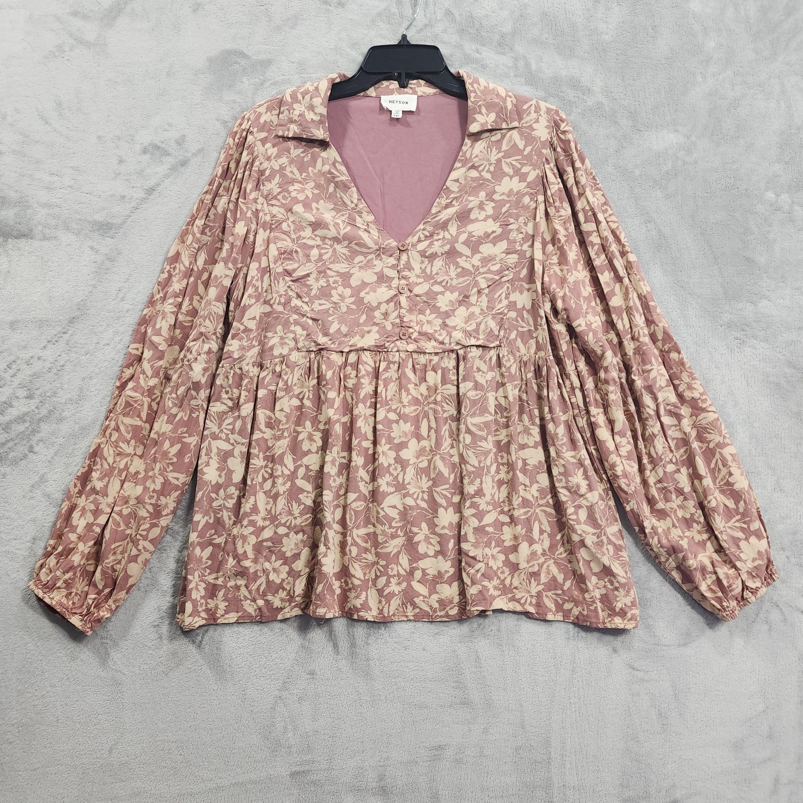 HEYSON Top Womens 1XL Pink Floral V-Neck Button Tunic Boho Balloon Sleeve Casual