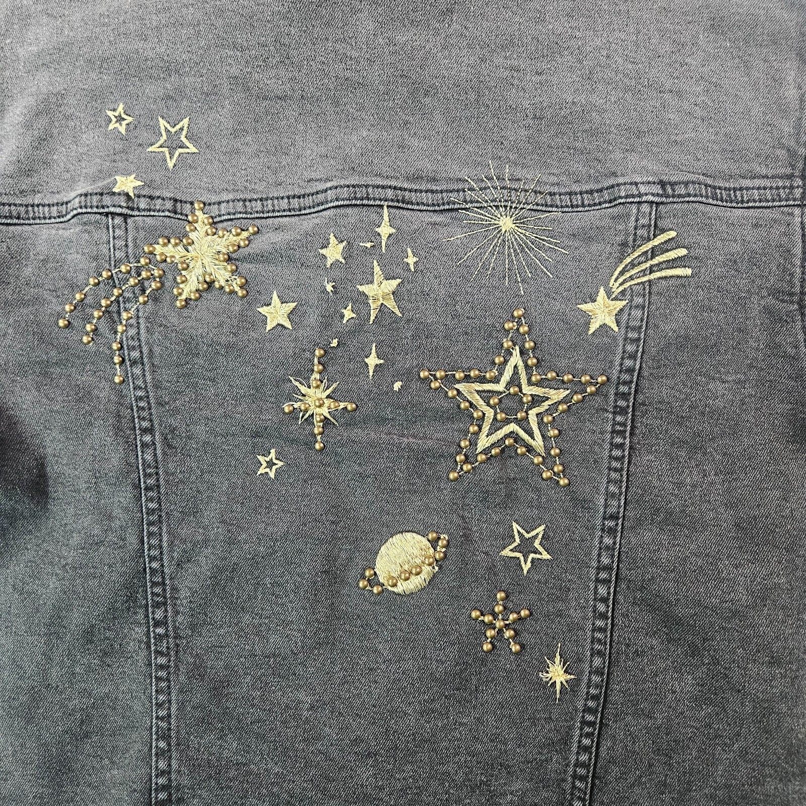 $178 NWT Driftwood Denim Jacket Women XS Studded Gold Star Embroidered Black
