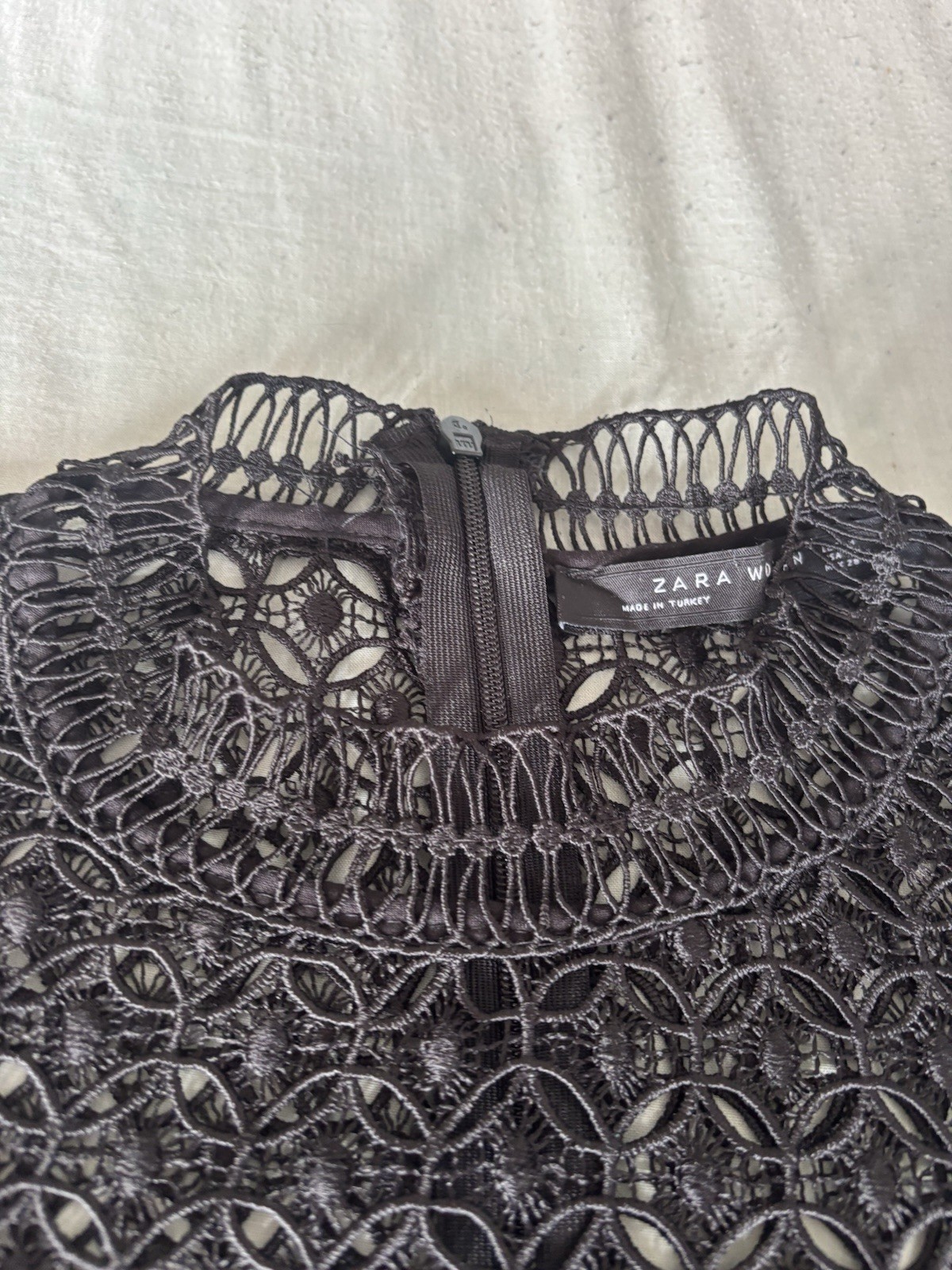 Zara Black Crochet Lace Blouse Medium Ruffle Frill High Neck Short Sleeve Top