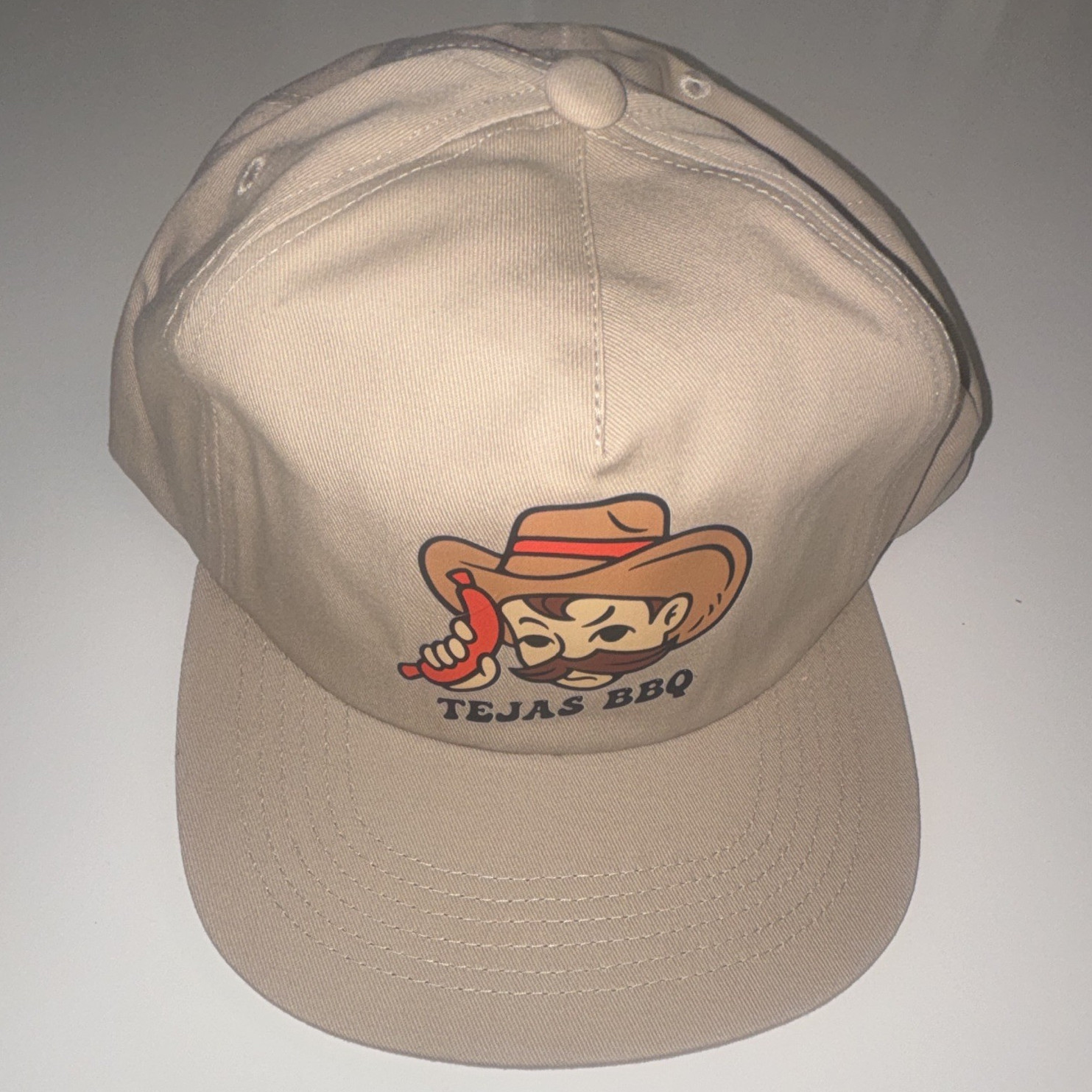 Tejas BBQ Beige Cowboy Logo Graphic Print Adjustable Baseball Cap Hat One Size