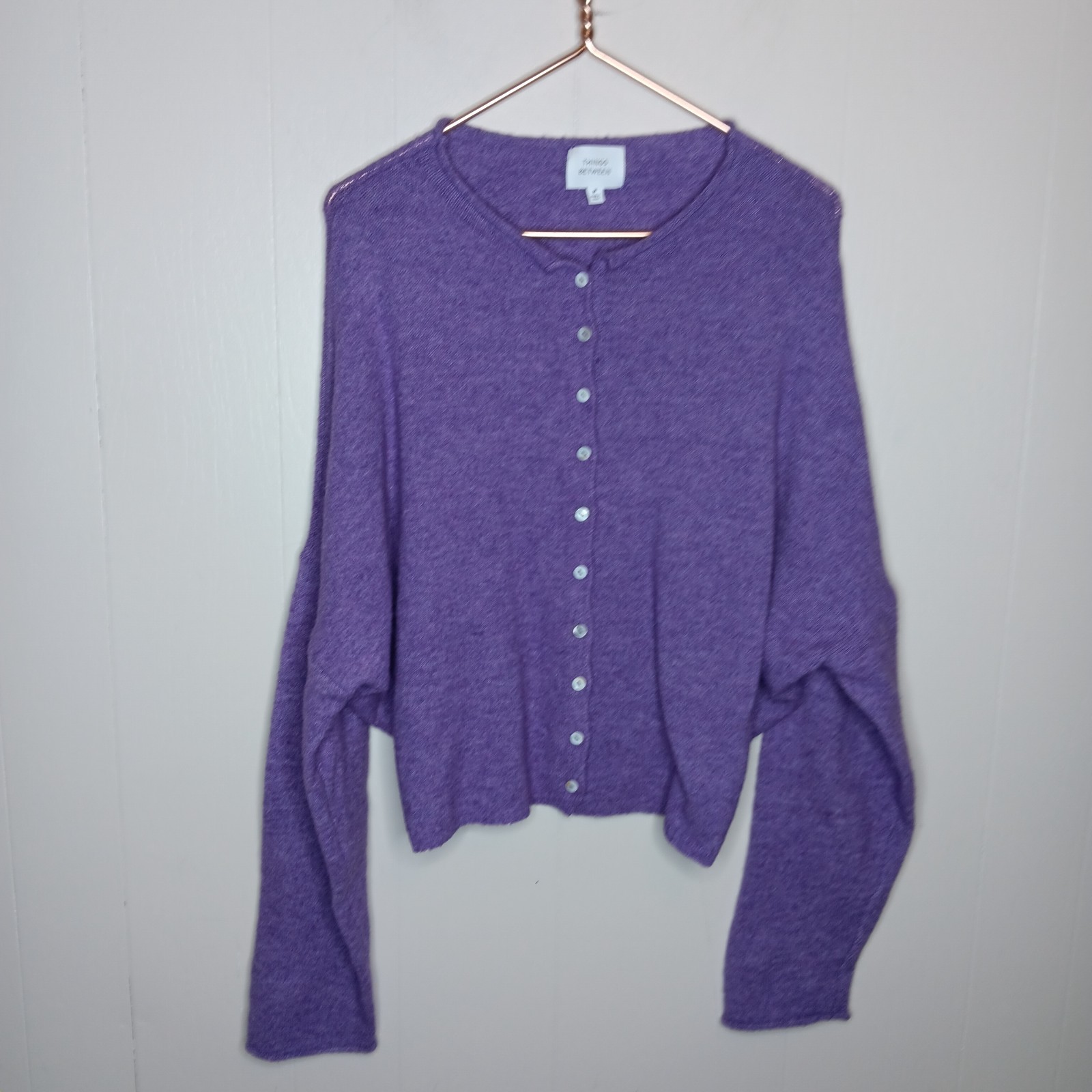 Things Between Cardigan M Purple Button Front Drop Shoulder Wool Quiet Luxury