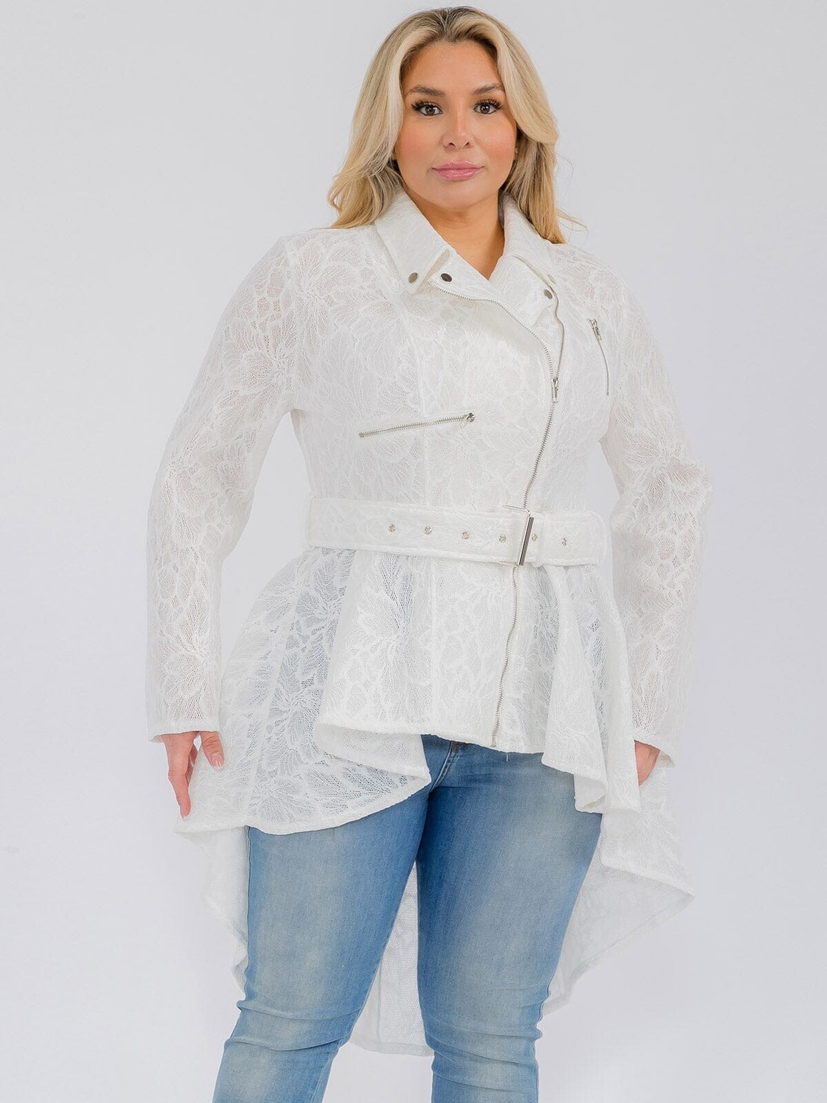 Womens Plus Size White Lace High Low Jacket 2X Zip Up Belted
