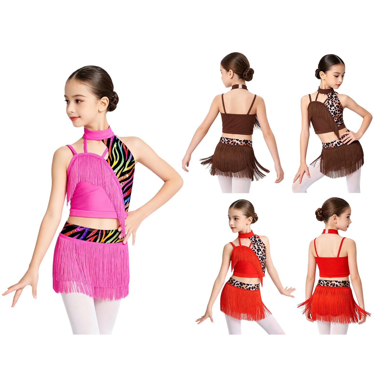 Kids Salsa Stage Performance Dance Competition Dress Crop Top with Skirt Sets