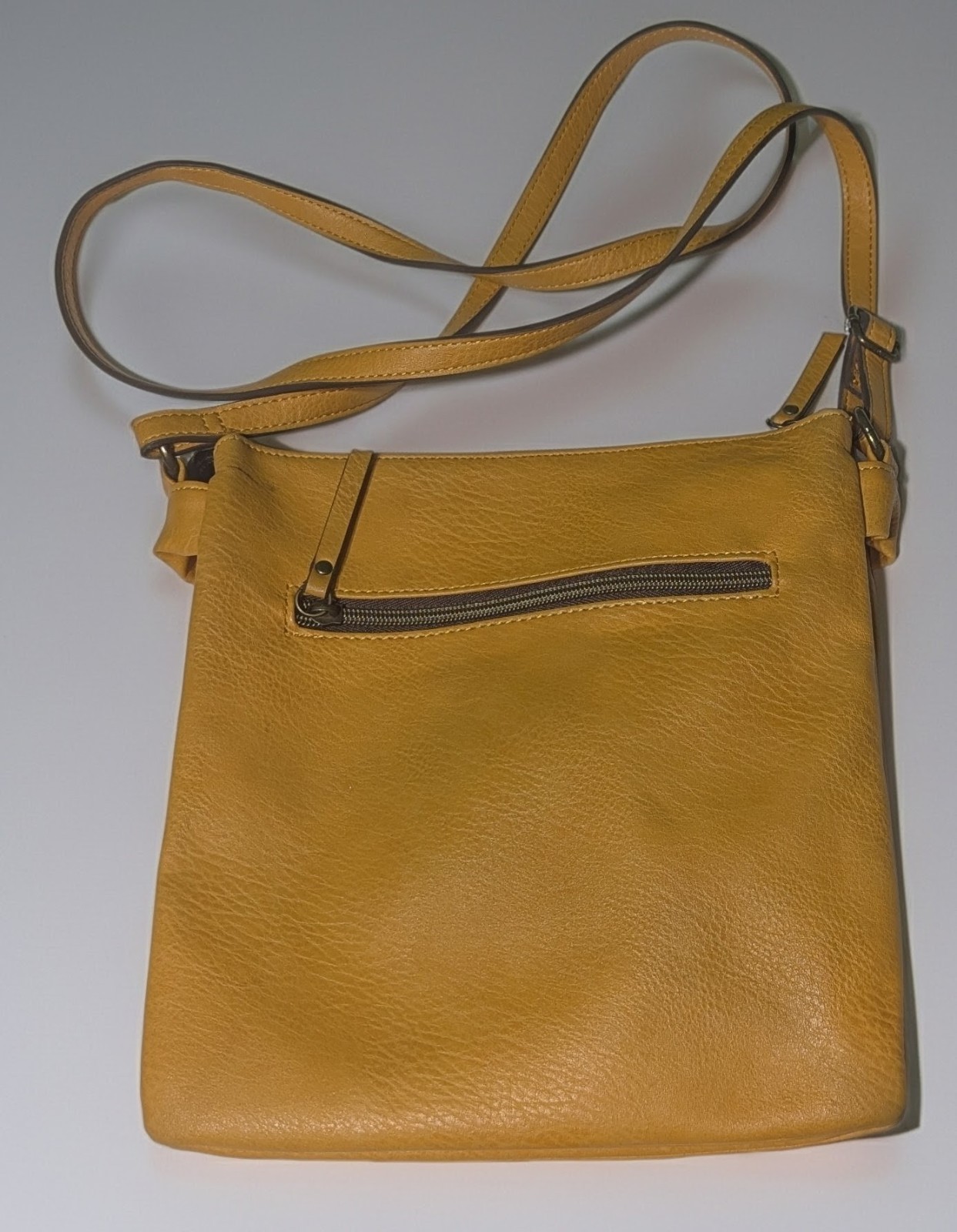 Mustard Faux Leather Crossbody Bag Multi Zip Organizer Adjustable Strap