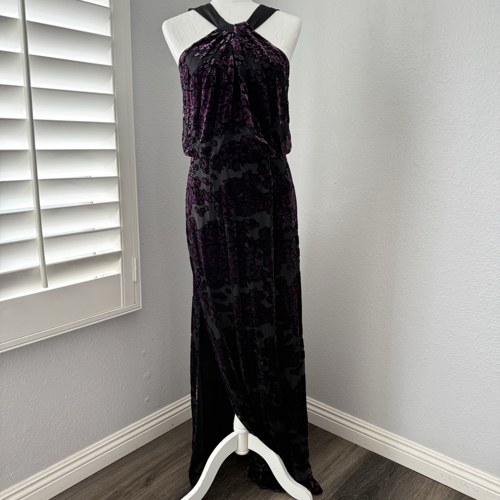 Aidan Mattox Purple Burnout Velvet Maxi Dress Gown Whimsigoth Gothic 4 Vtg