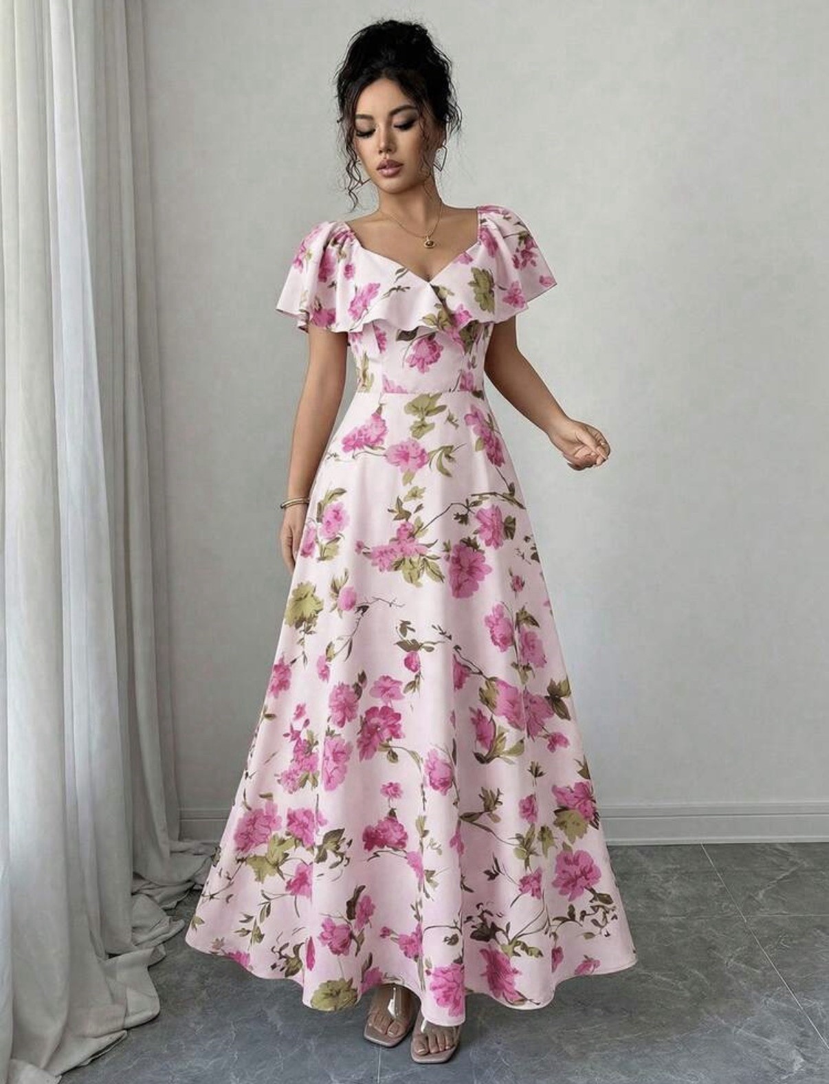 Brand New Floaty Ruffle Ditsy Flower Dusty Pink Maxi Dress Wedding Summer 14
