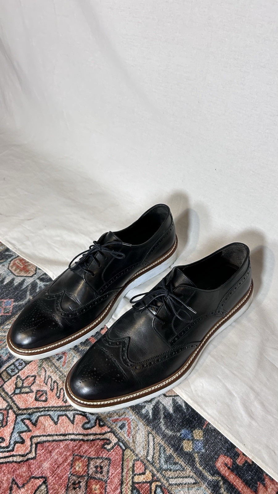 Johnston & Murphy Black Wingtip Oxford Shoes 11 1/2M Leather White Sole Italy