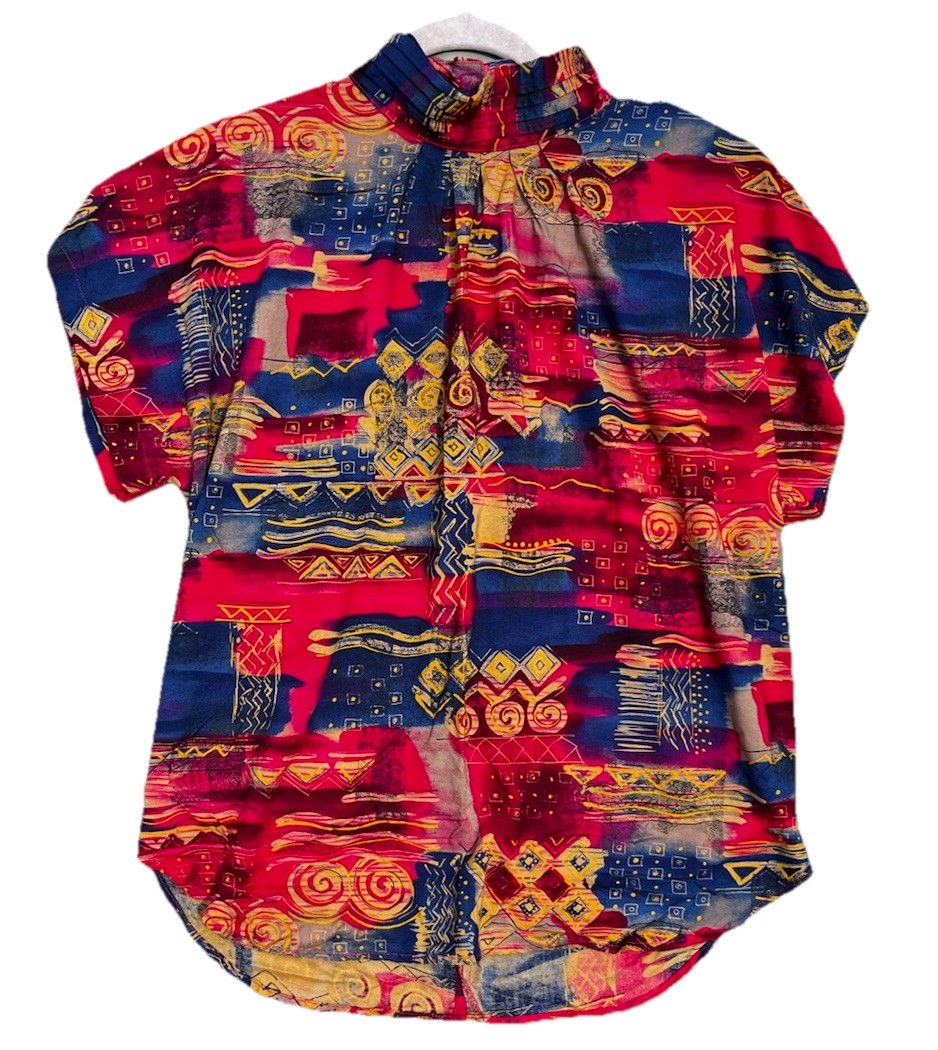 Bonnie Boynton Women’s L Abstract Multicolor Mock Neck Sheer Button Blouse