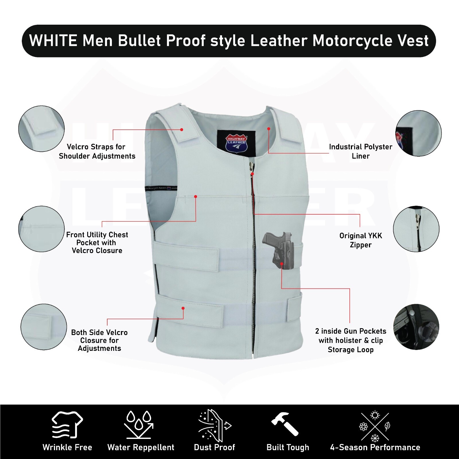 WHITE Men Bullet Proof style Leather Motorcycle Vest bikers Tactical #11643WHITE