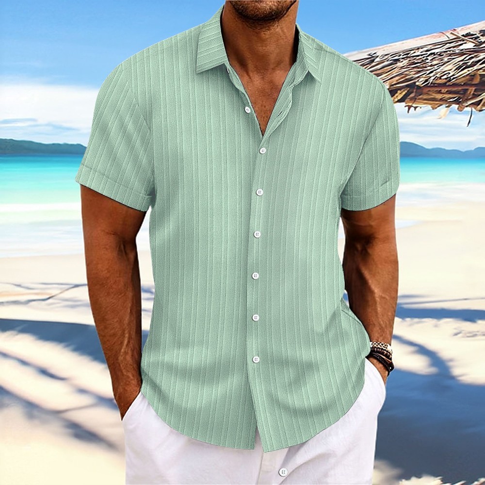 2025 Men Striped Button Down T Shirts Grandad Summer Short Sleeve Casual Tops