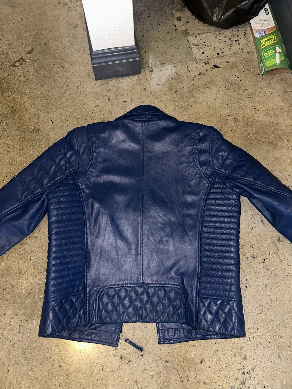 Men’s Genuine Leather Biker Jacket – Blue – XL – Quilted Moto Style.