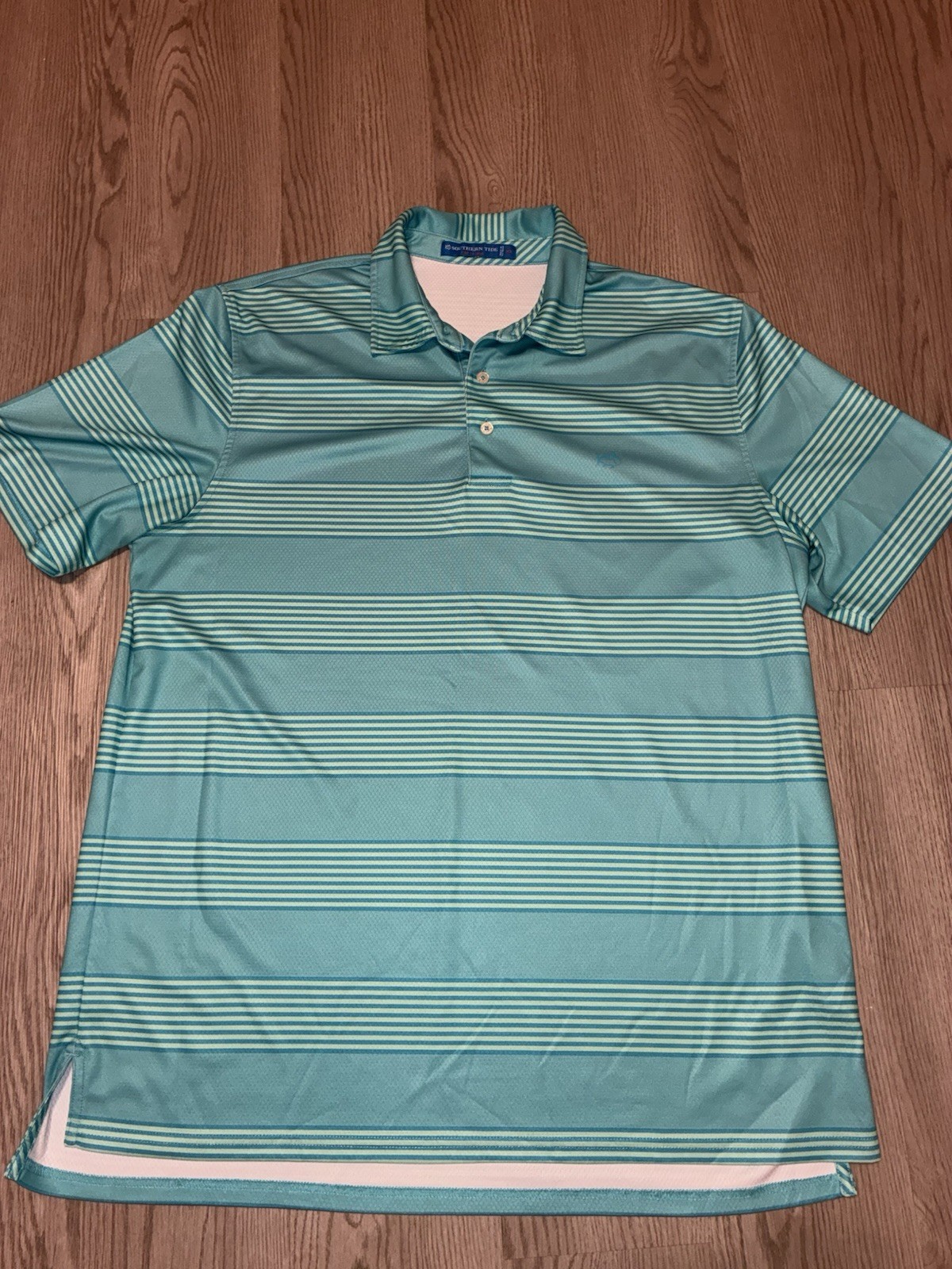 Southern Tide Men’s XL Blue/Green Striped Polo Shirt Short Sleeve Collared Logo