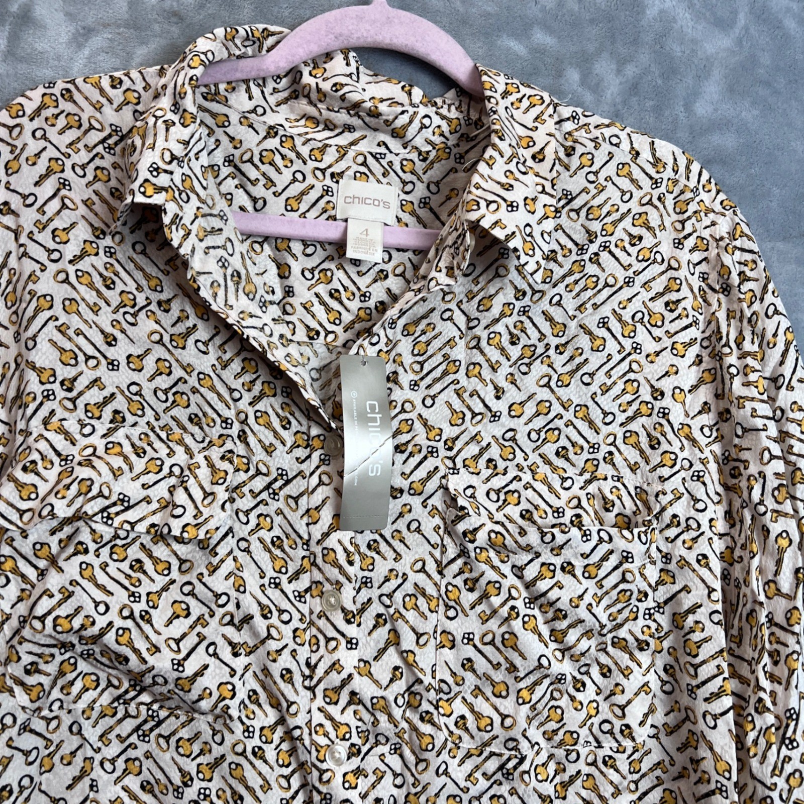 Chicos The Keys Shirt Button Down Burnt Yellow Ochre Skeleton Key Top Size 1XL