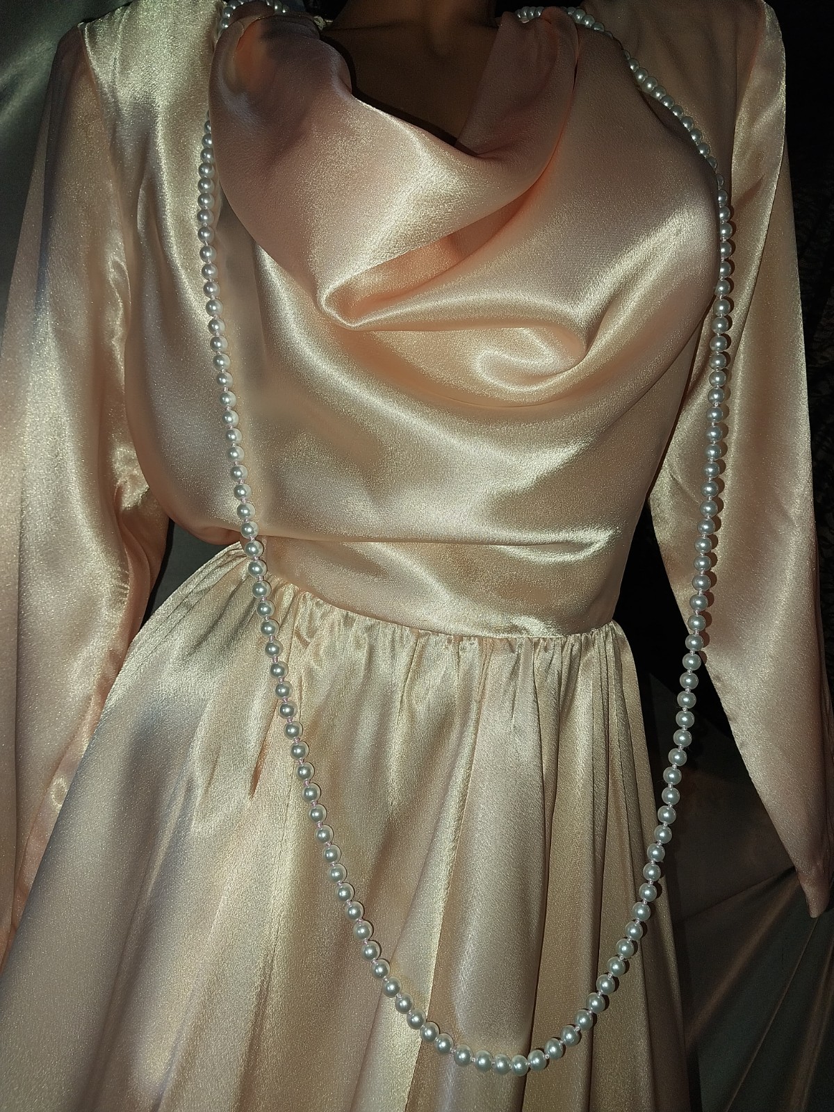 Vtg SATIN IMPORTED PEACH PINK COWL CASCADE 350″ GRAND SWEEP FLARE MAXI DRESS L42