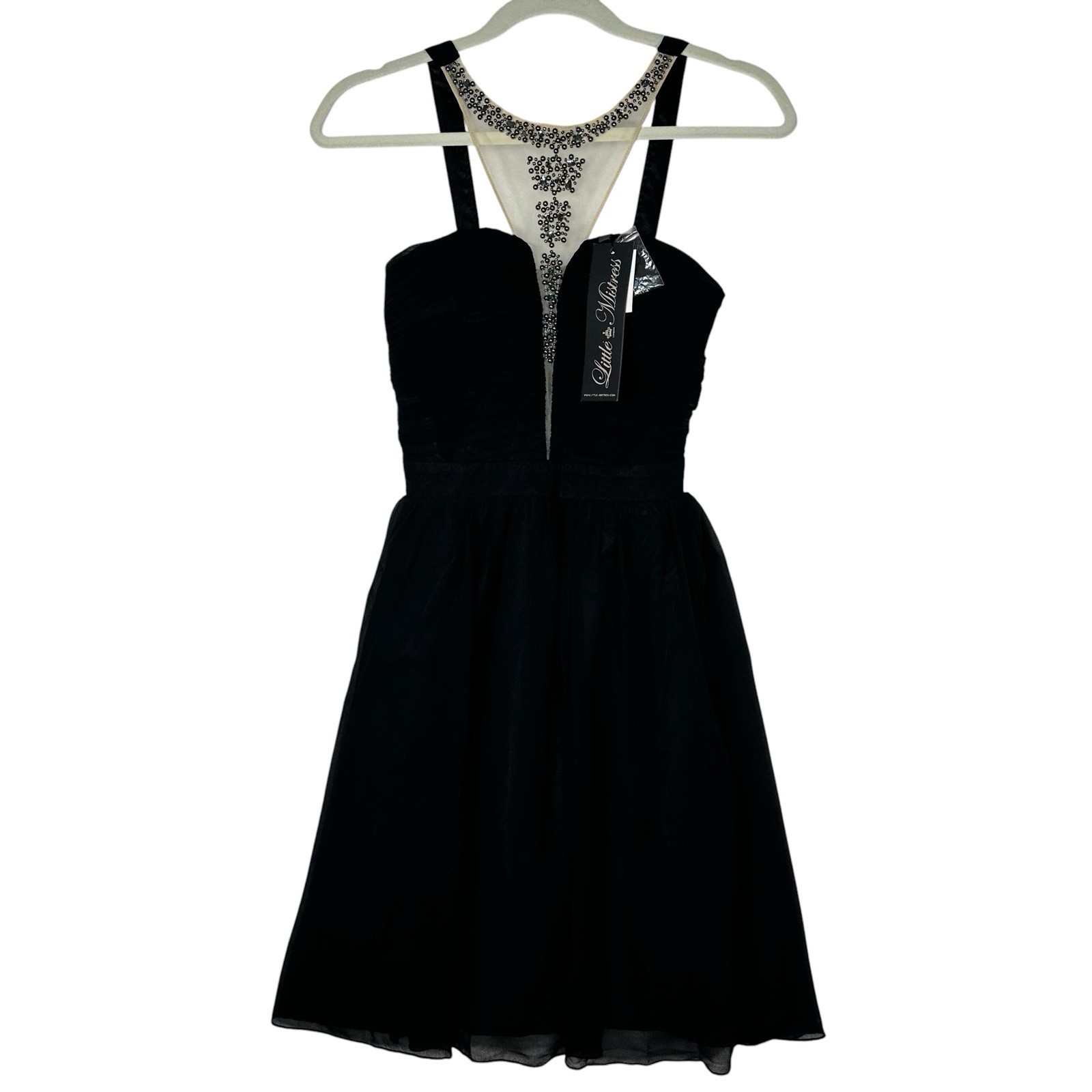 NWT Black Cocktail Dress Beaded Mesh Neckline Fit and Flare Party Prom Mini Sz 4