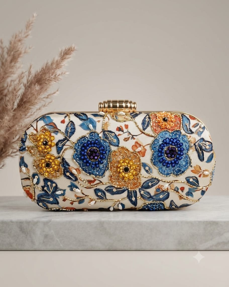 Luxury Evening Clutch Bag Leaf Artisan Sequin Work Gold Boho Embroidered Handbag