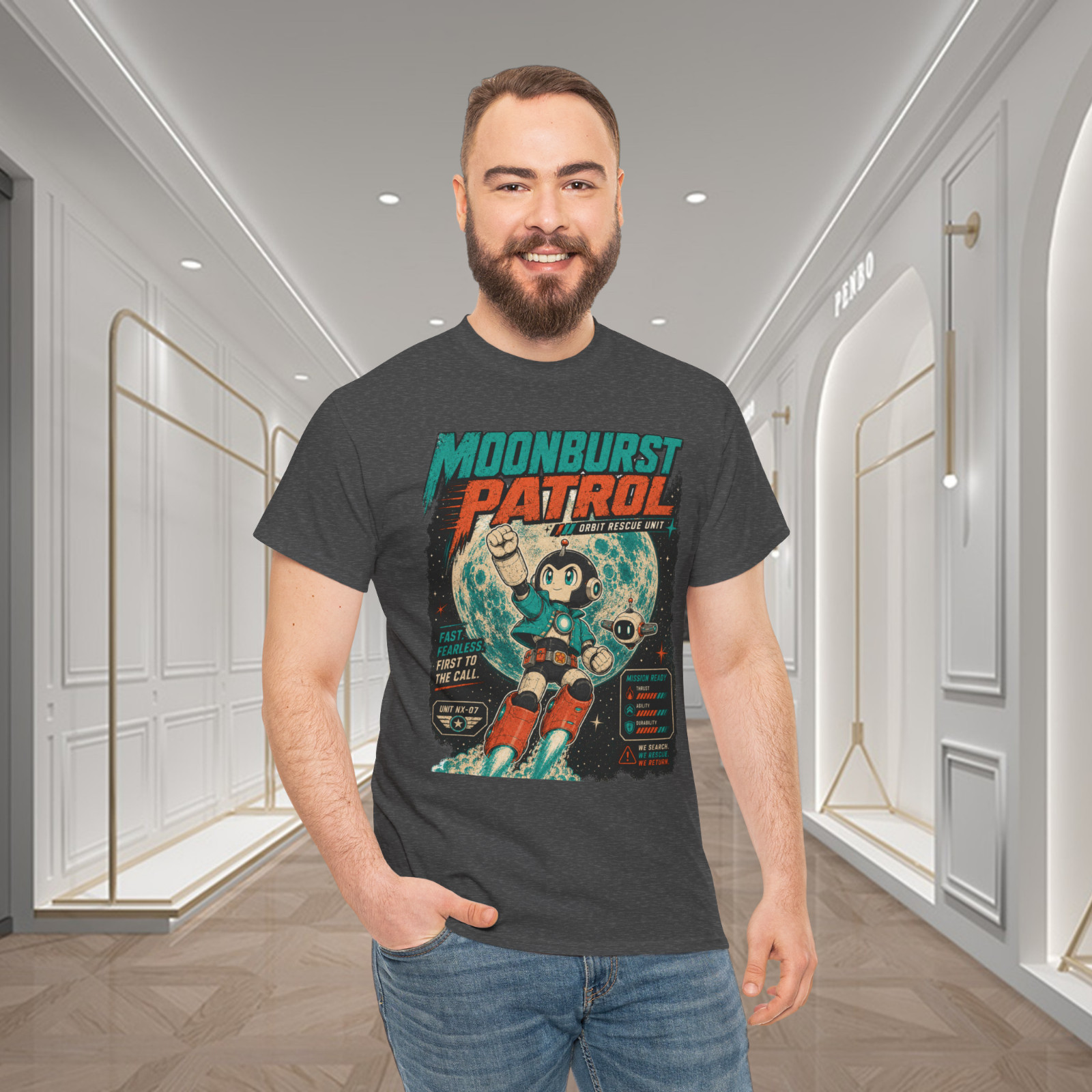 Moonburst Patrol Retro Robot Space Rescue Graphic T-Shirt