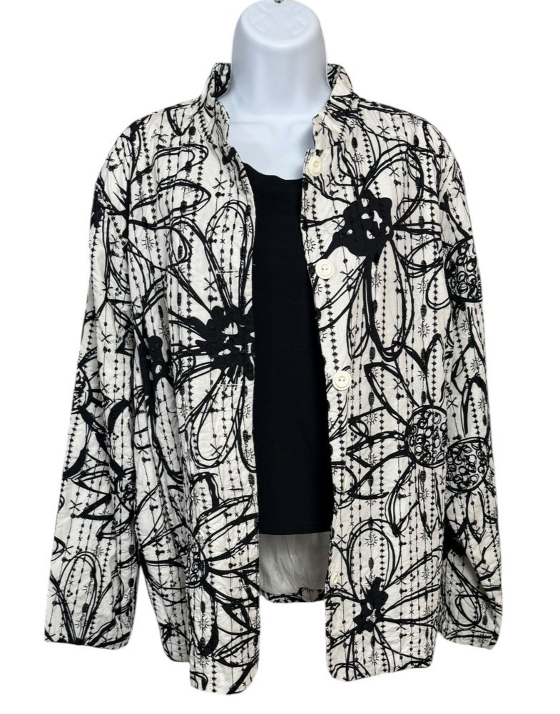 Women’s 1X Black White Floral Print Button Up Jacket Mandarin Collar Lightweight