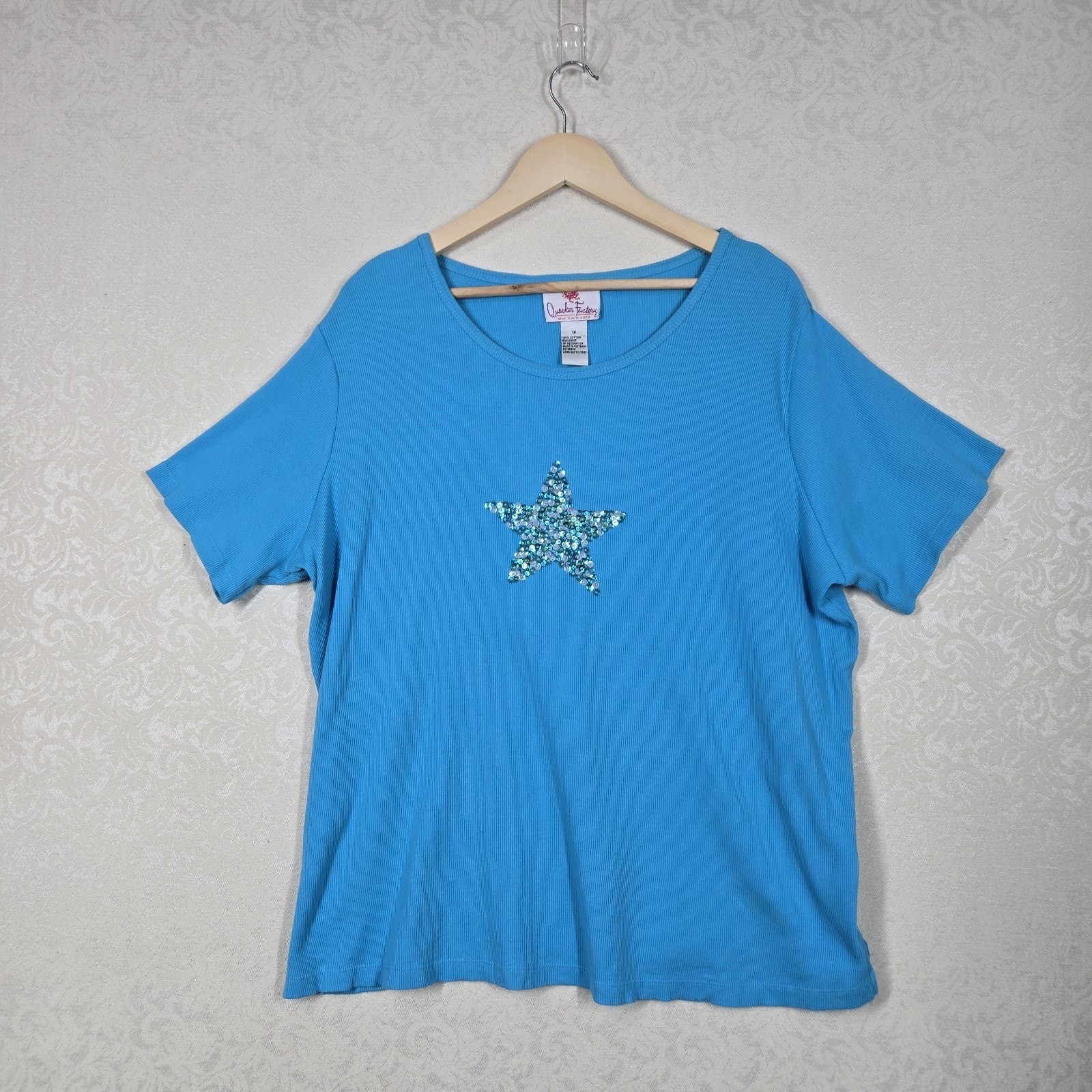 Quacker Factory Sequin Star Top sz 1X Turquoise Teal 100% Ribbed Cotton Stretch