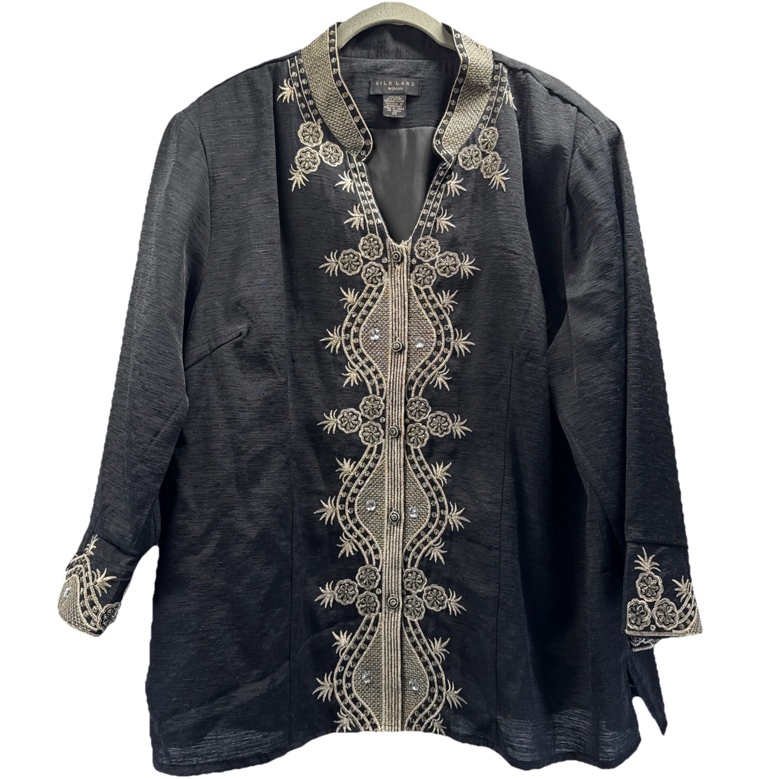Silk Land Women’s Jacket Size 2X Black Gold Beaded Bling Button Up Tunic Lined