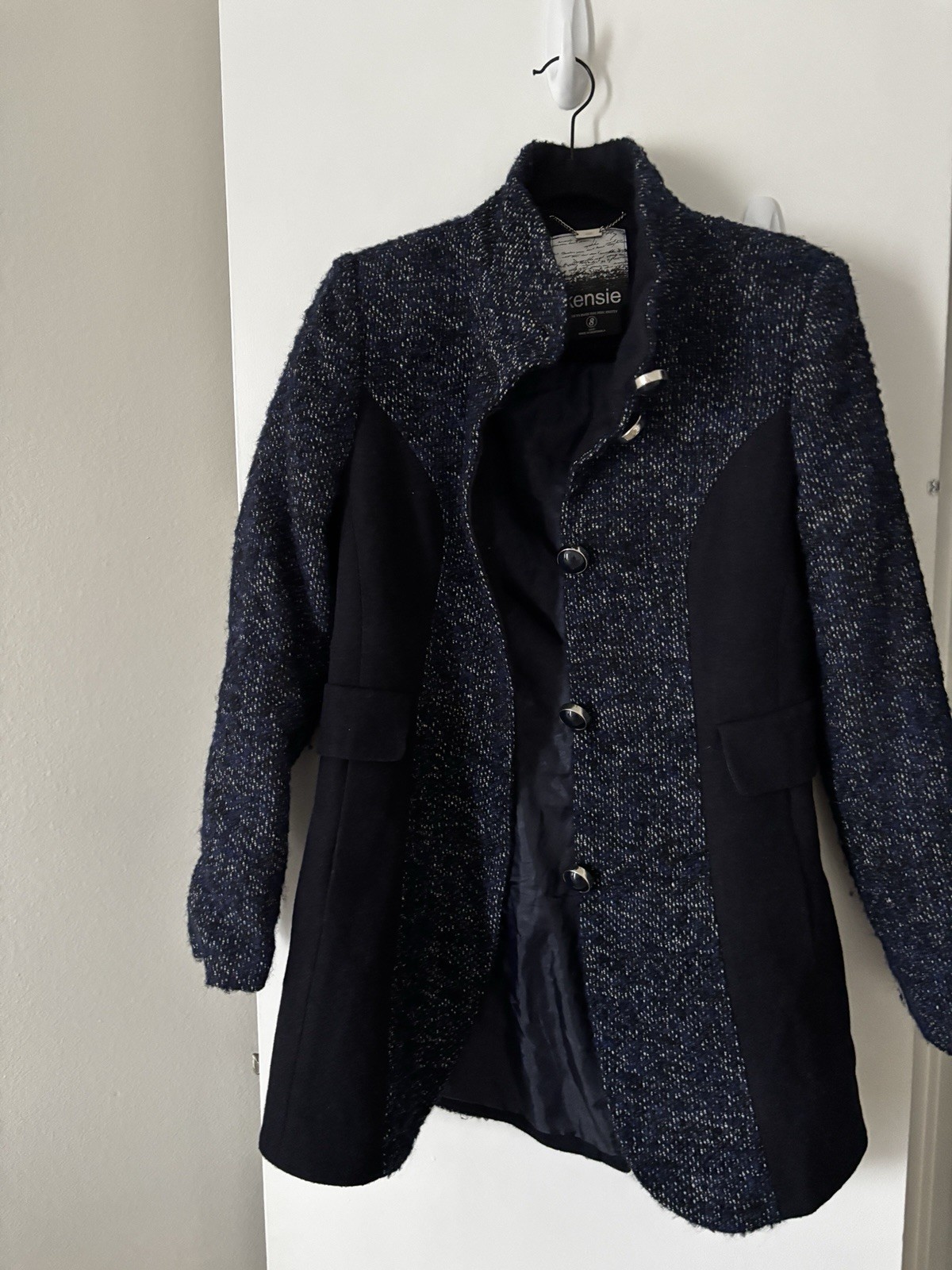 Kensie Women’s Blue/Black Pea Coat S Regular Mid-Length Button Front Lined