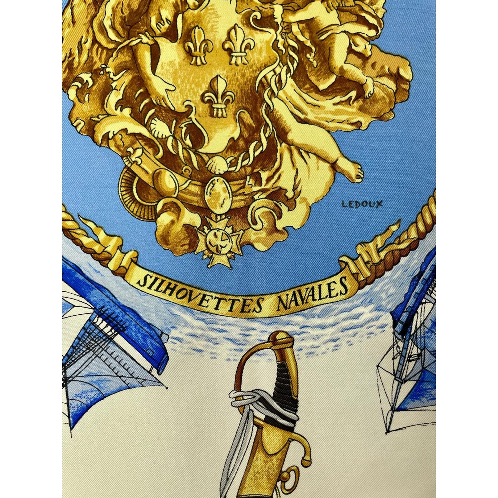 Hermes Silhovettes Navales Silk Scarf Blue Philippe Ledoux Nautical 35in Square